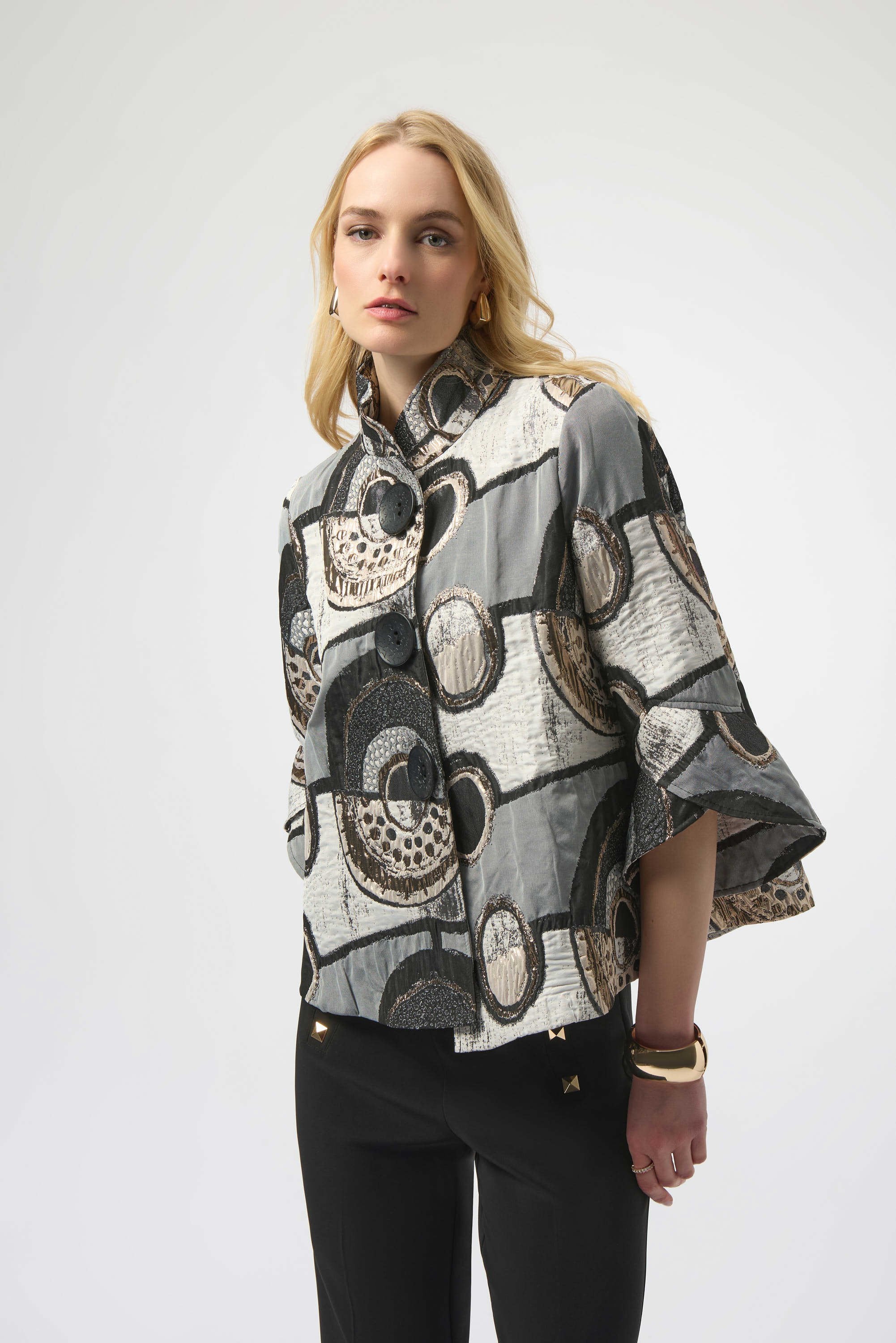 Front View Image of Joseph Ribkoff Abstract Jacquard Trapeze Jacket in Black/Multi