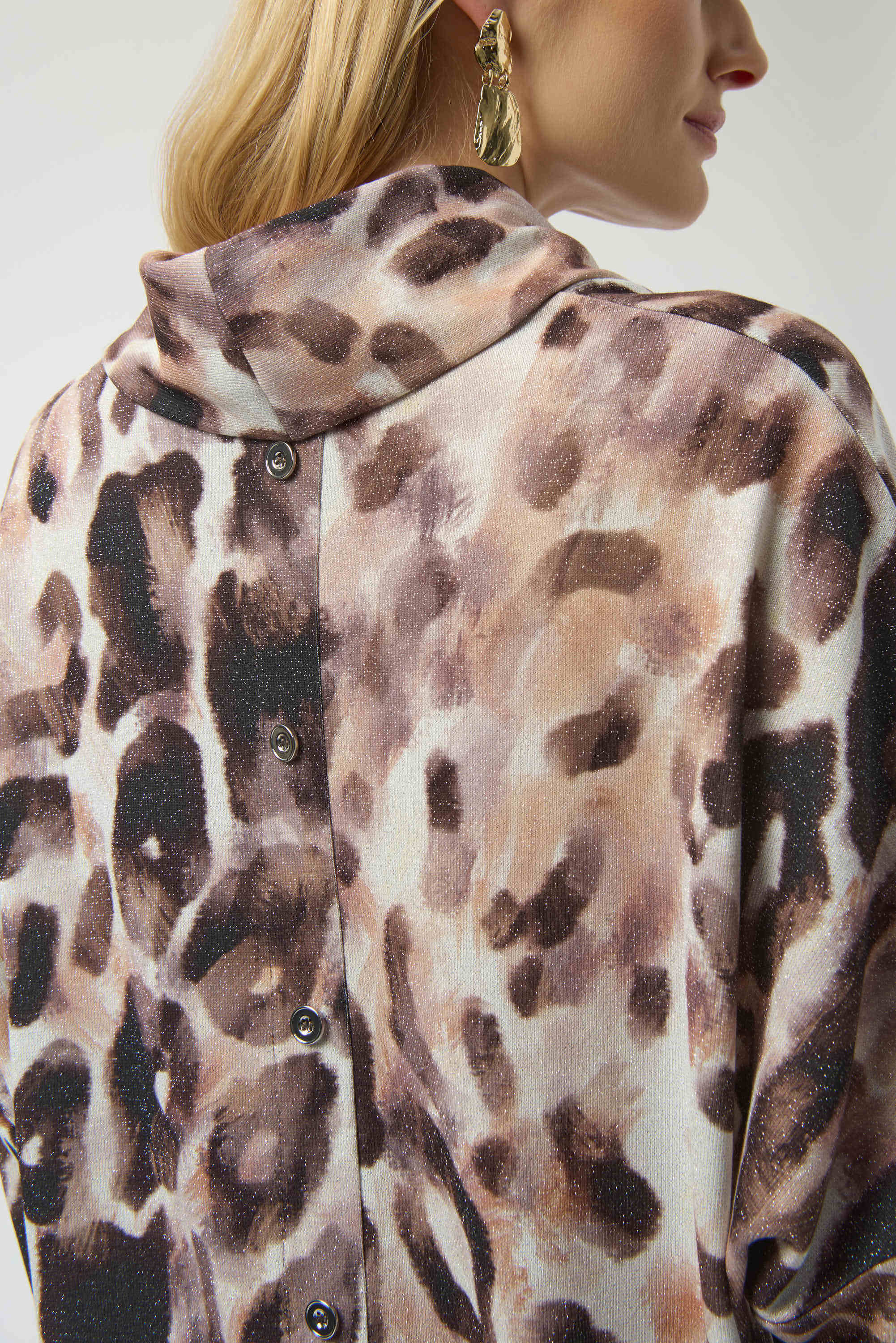 Back Close Up Image of Joseph Ribkoff Sweater Knit Animal Print Tunic in Off-White/Multi
