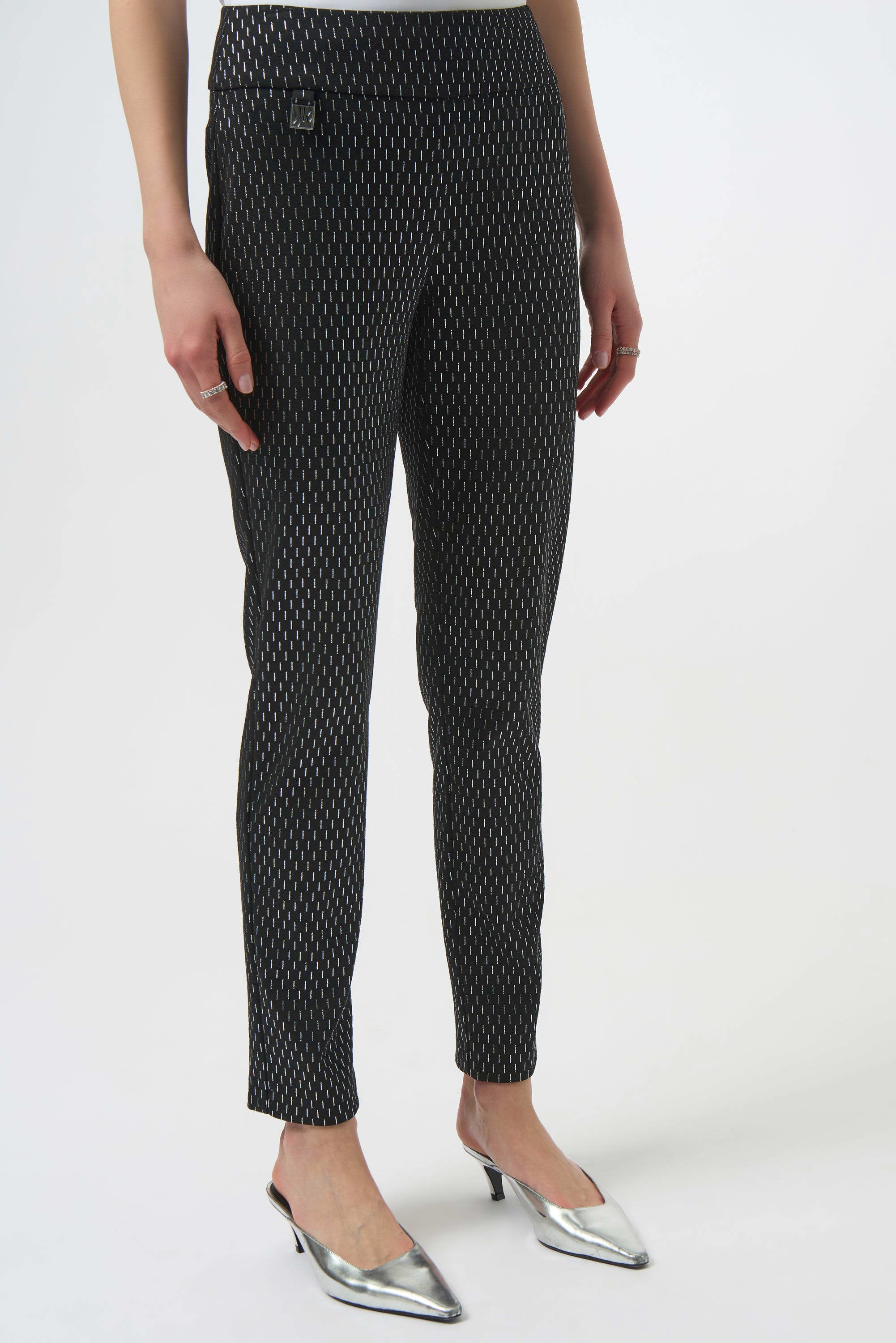 Front View Image of Joseph Ribkoff Foiled Heavy Knit Slim Fit Pant in Black/Silver