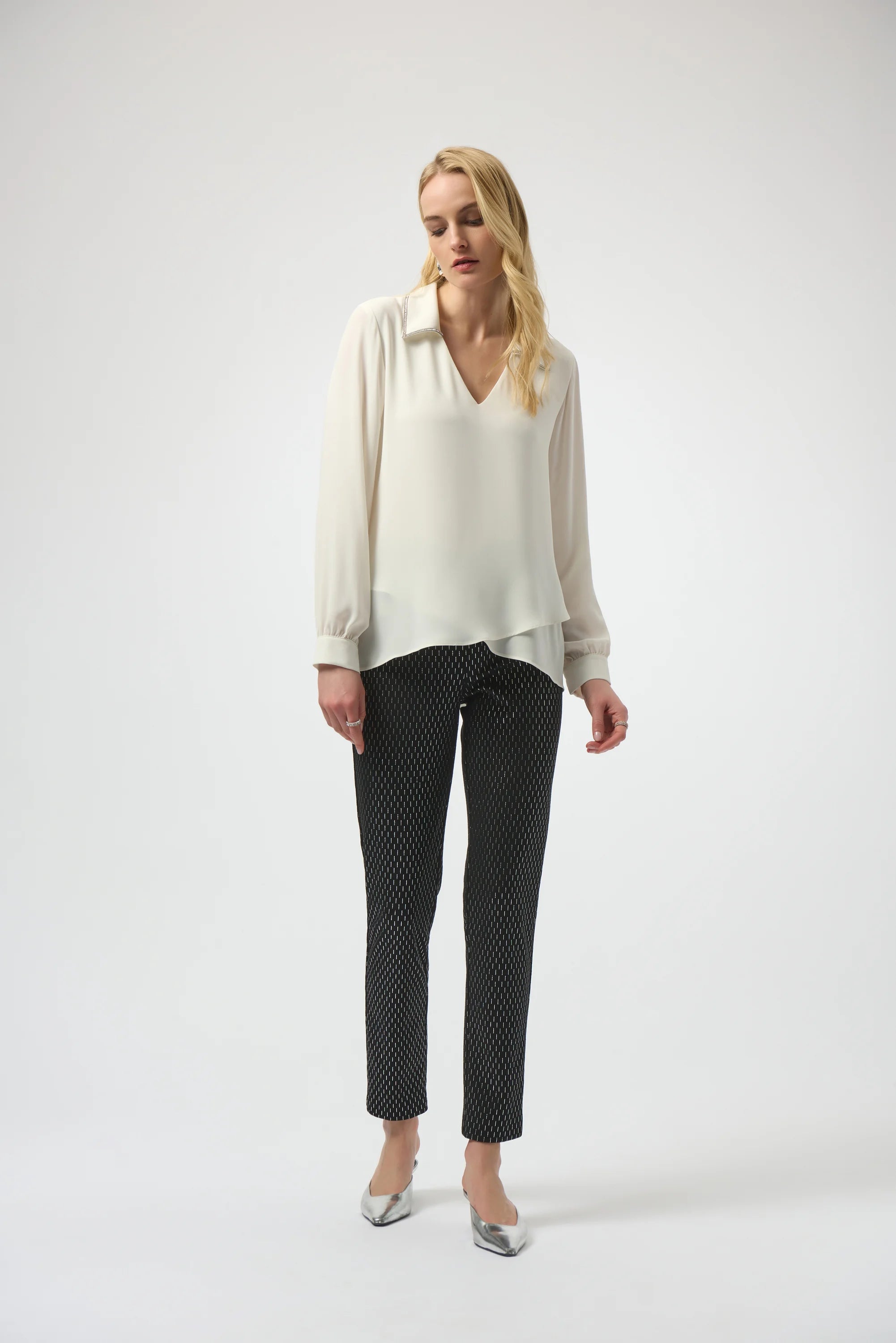 Full Body View Image of Joseph Ribkoff Foiled Heavy Knit Slim Fit Pant in Black/Silver