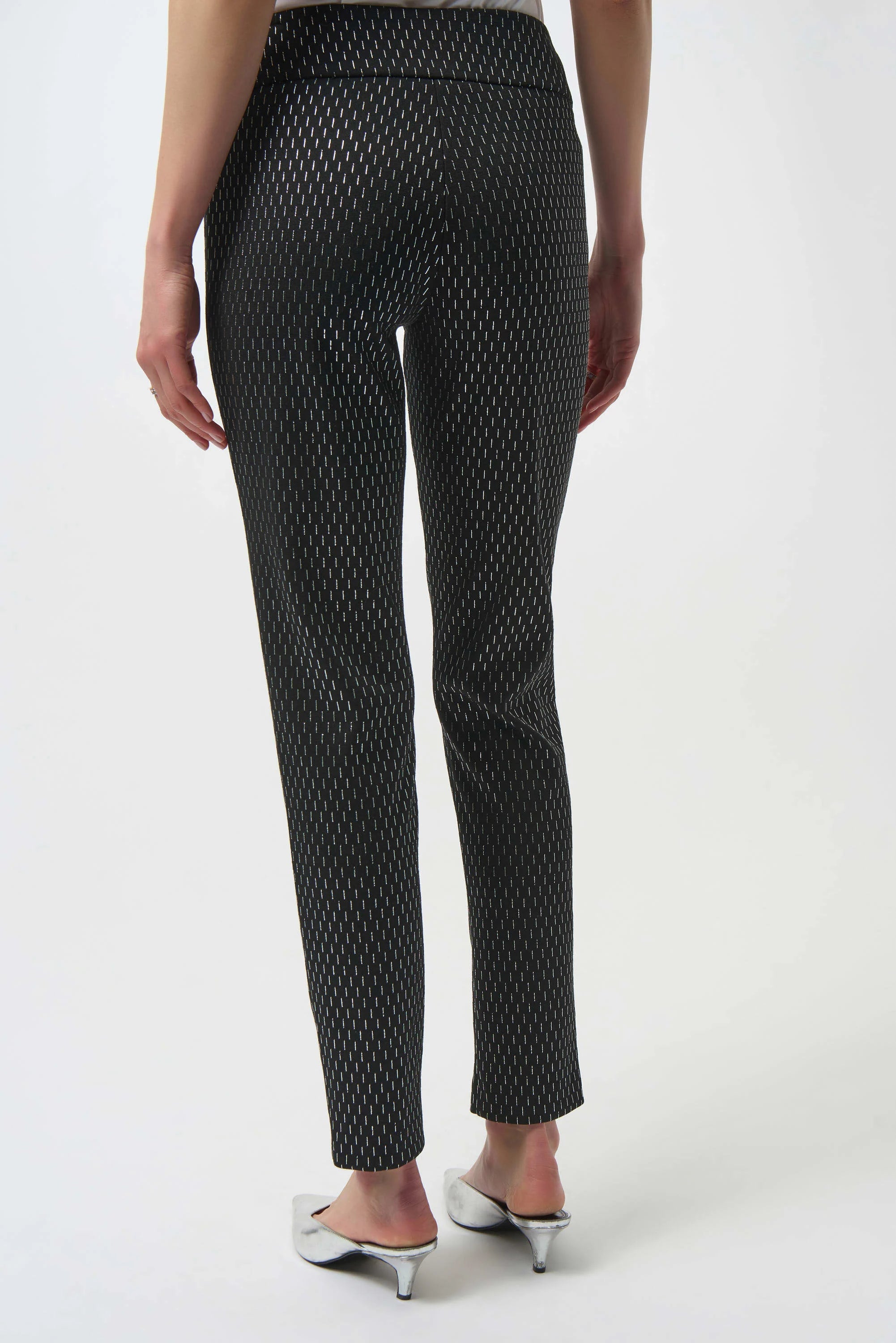 Back View Image of Joseph Ribkoff Foiled Heavy Knit Slim Fit Pant in Black/Silver
