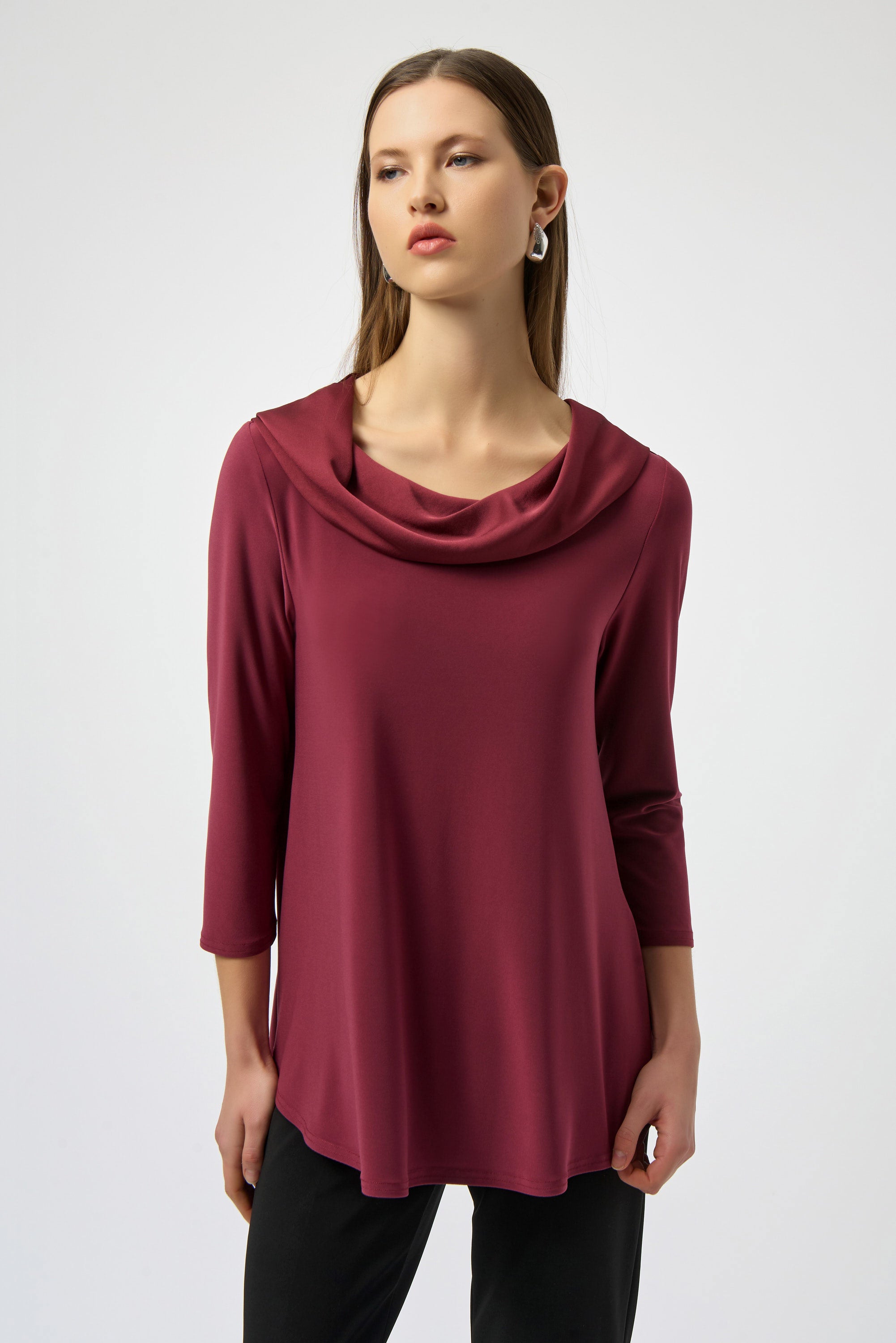 Front View Image of Joseph Ribkoff Silky Knit & Satin Cowl Neck Flared Top in Merlot