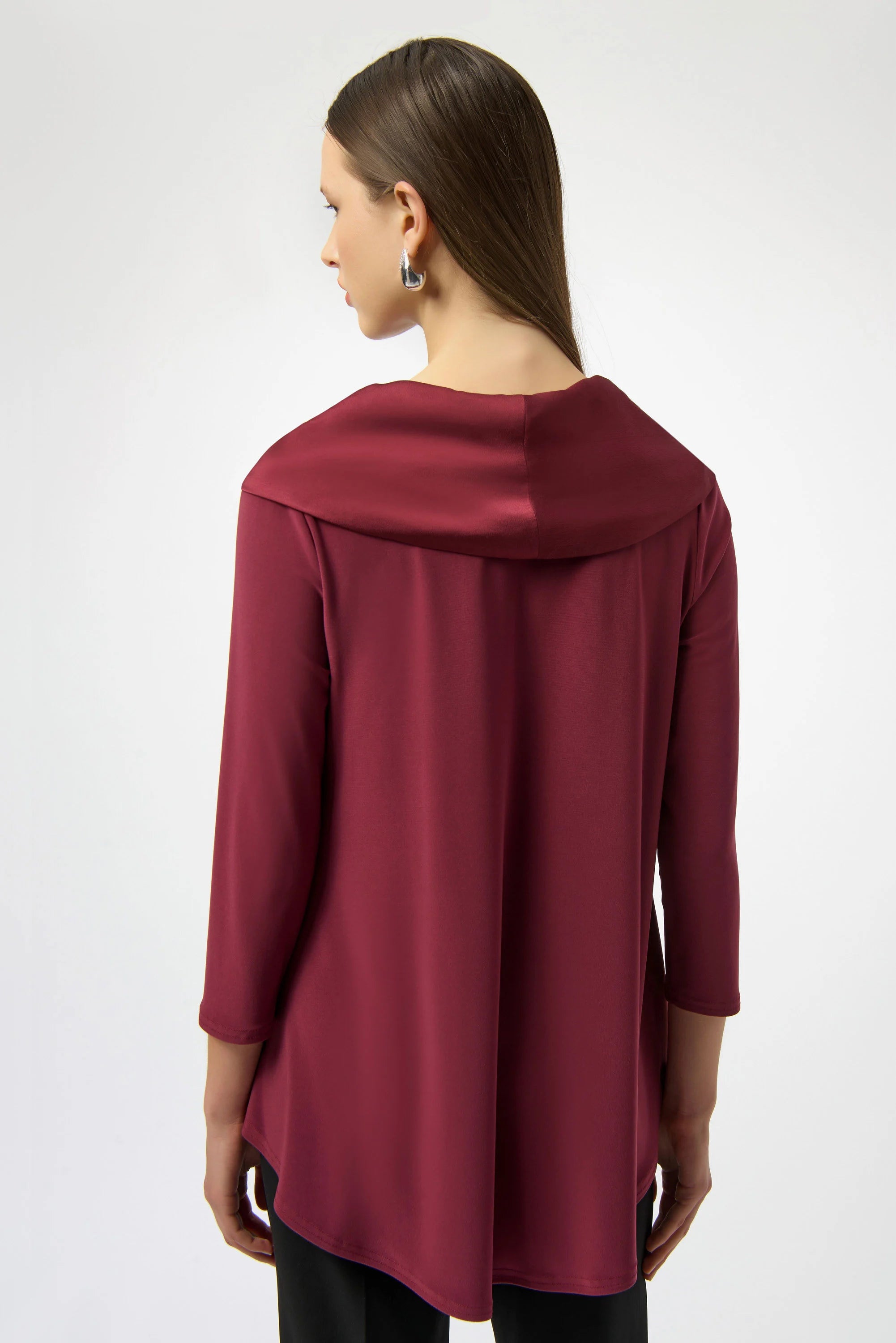 Back View Image of Joseph Ribkoff Silky Knit & Satin Cowl Neck Flared Top in Merlot