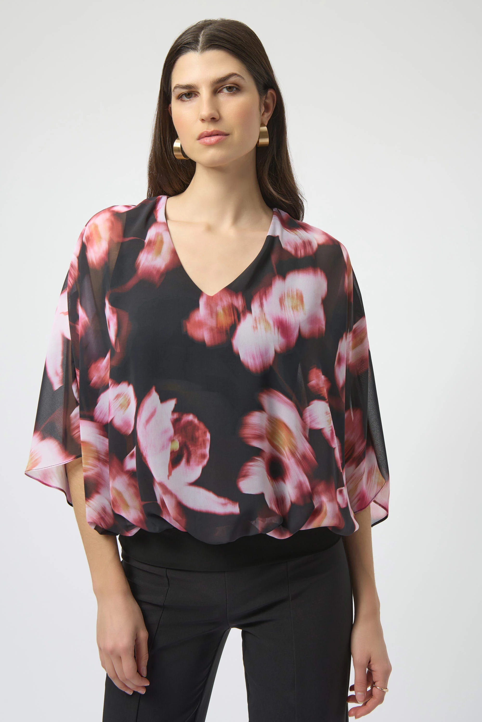 Front View Image of Joseph Ribkoff Chiffon & Silky Knit Floral Print Boxy Top in Black/Multi