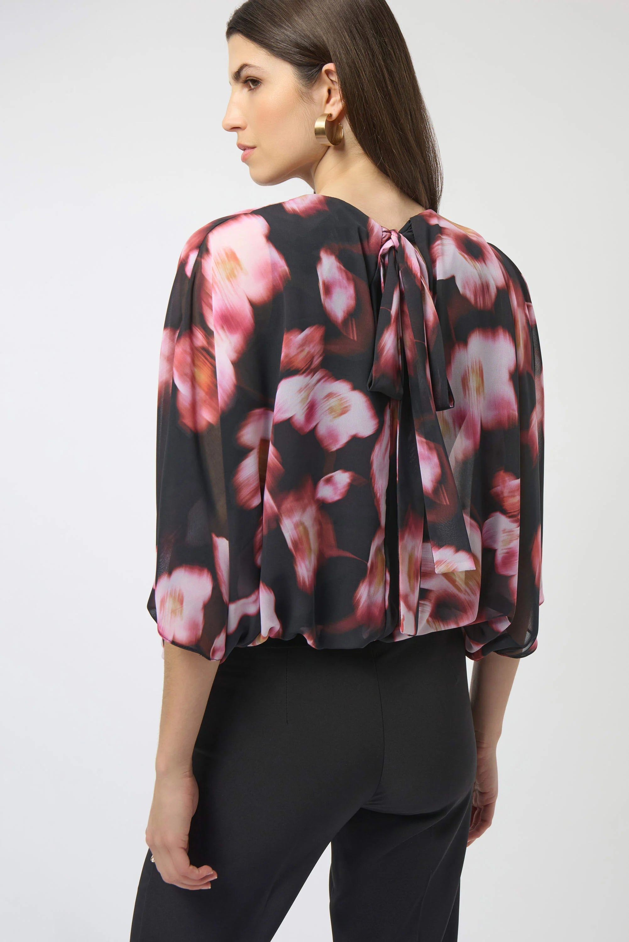 Back View Image of Joseph Ribkoff Chiffon & Silky Knit Floral Print Boxy Top in Black/Multi