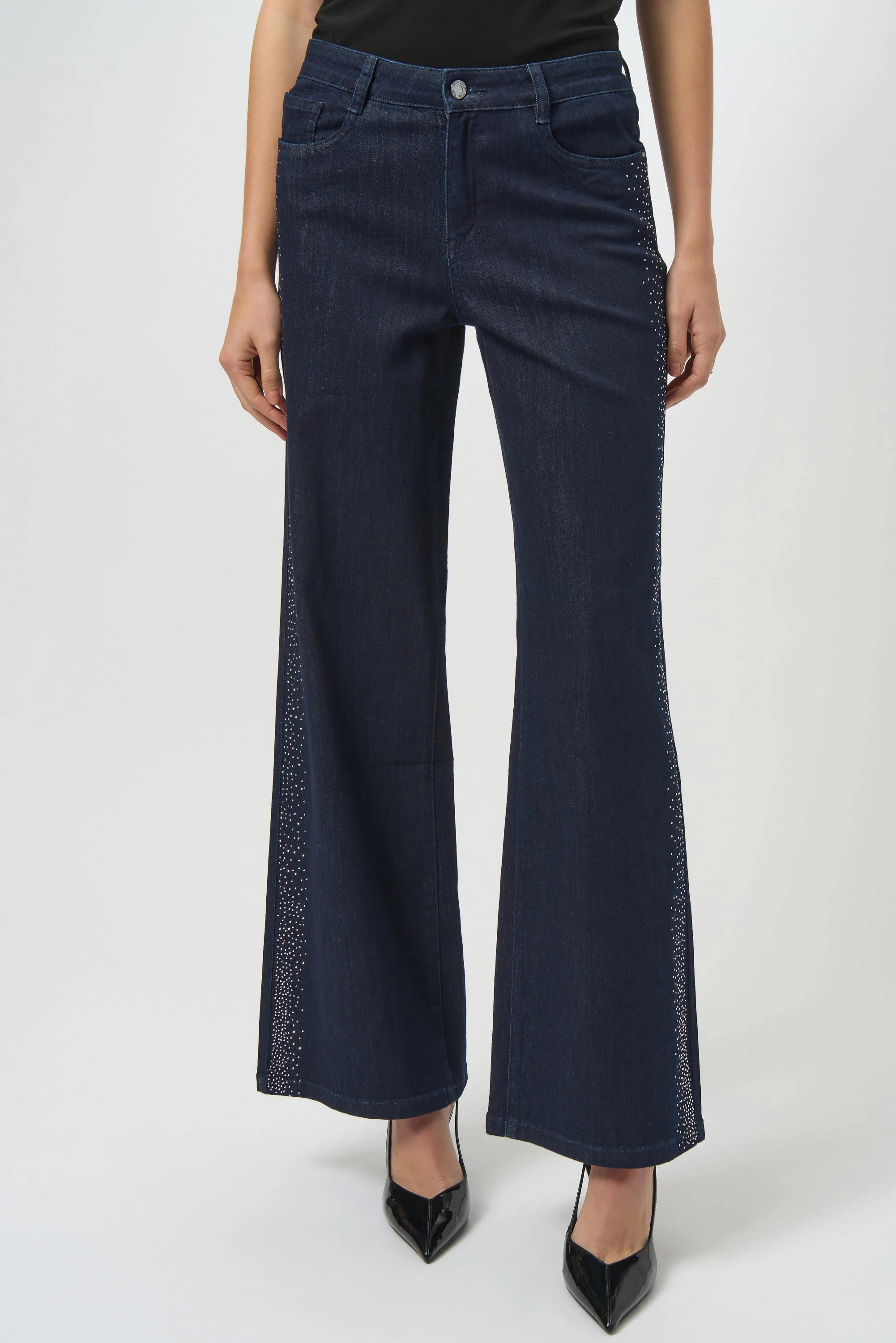 Front View Image of Joseph Ribkoff Classic Wide Leg Jean with Rhinestone Seams in Dark Denim Blue