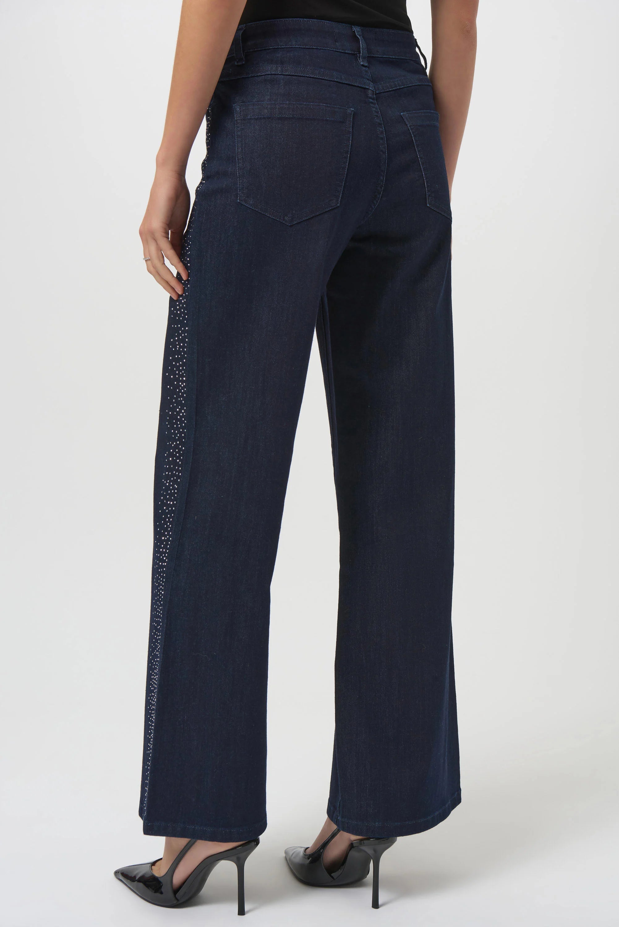Back View Image of Joseph Ribkoff Classic Wide Leg Jean with Rhinestone Seams in Dark Denim Blue