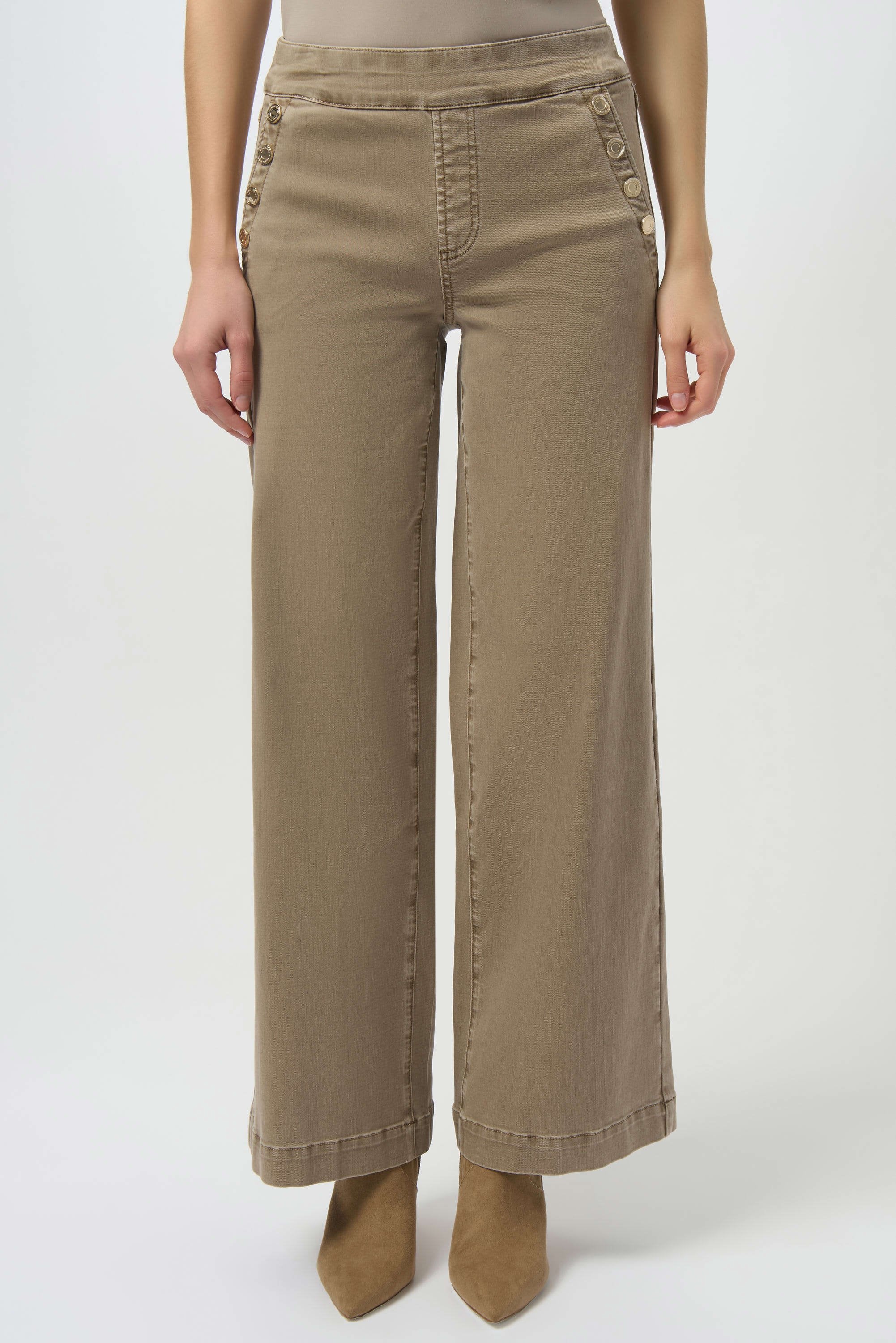 Front Image of Joseph Ribkoff Classic Wide Leg Pull-On Jeans in Fawn