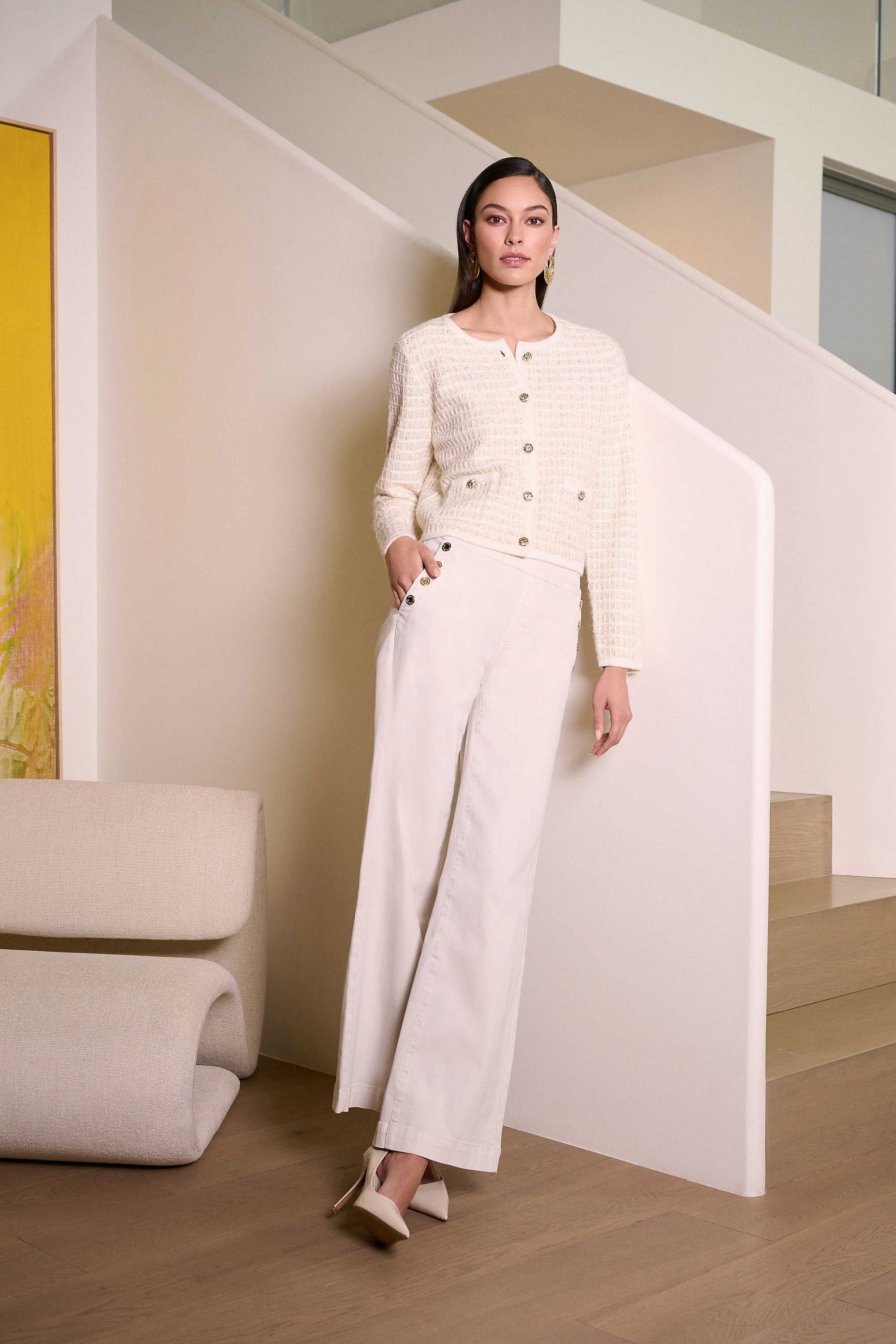 Full Body Fashion Image of Joseph Ribkoff Classic Wide Leg Pull-On Jeans in Birch