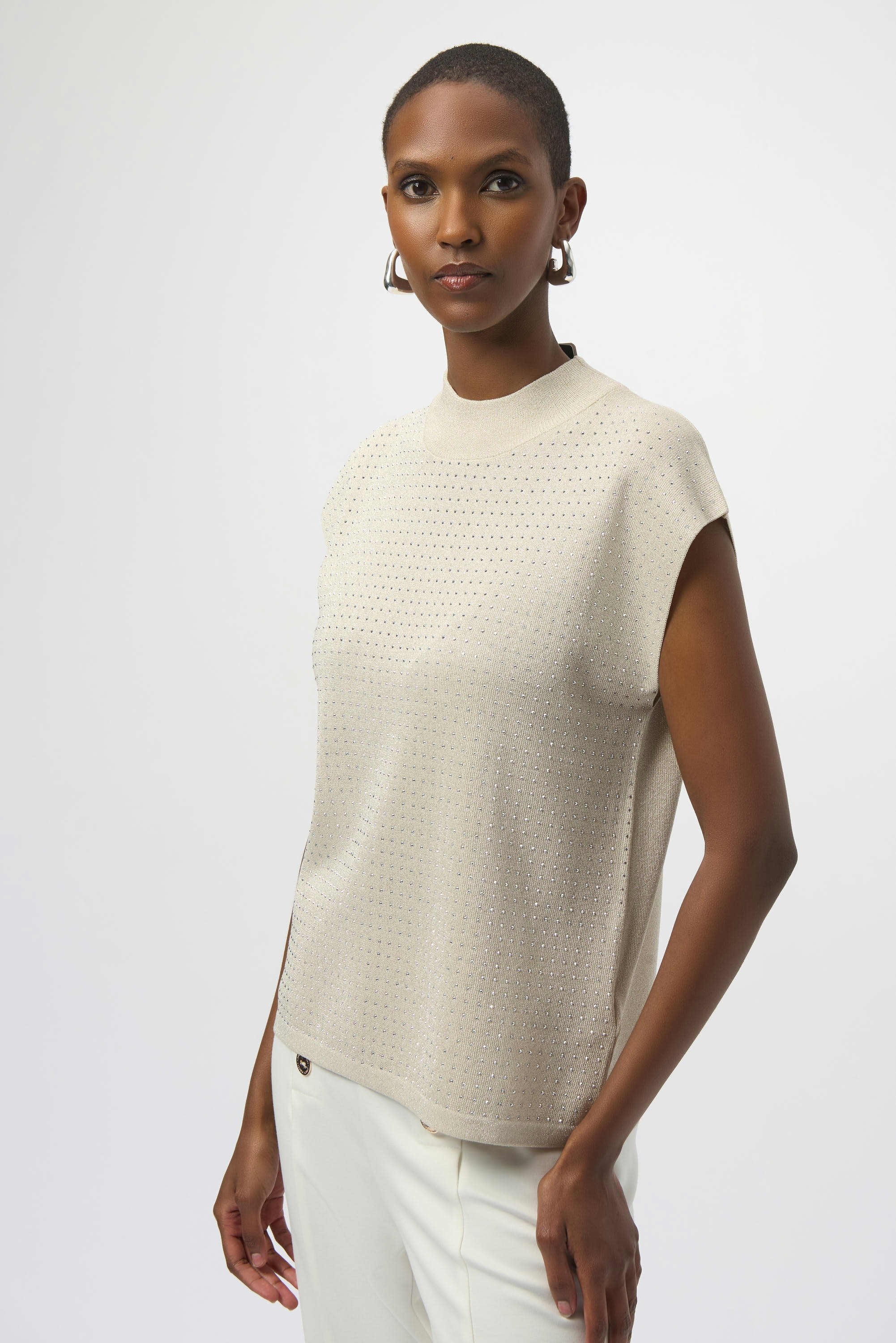 Front Image of Joseph Ribkoff Sweater Knit Sleeveless Pullover with Iron-on Detail in Birch/Silver
