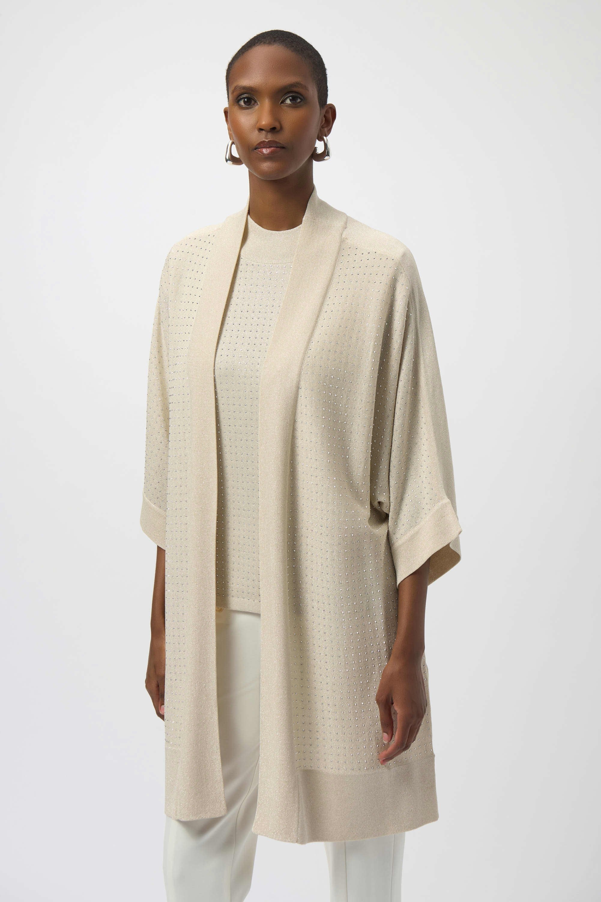 Front View Image of JOseph Ribkoff Sweater Knit Cover-Up with Iron-On Detail in Birch/Silver