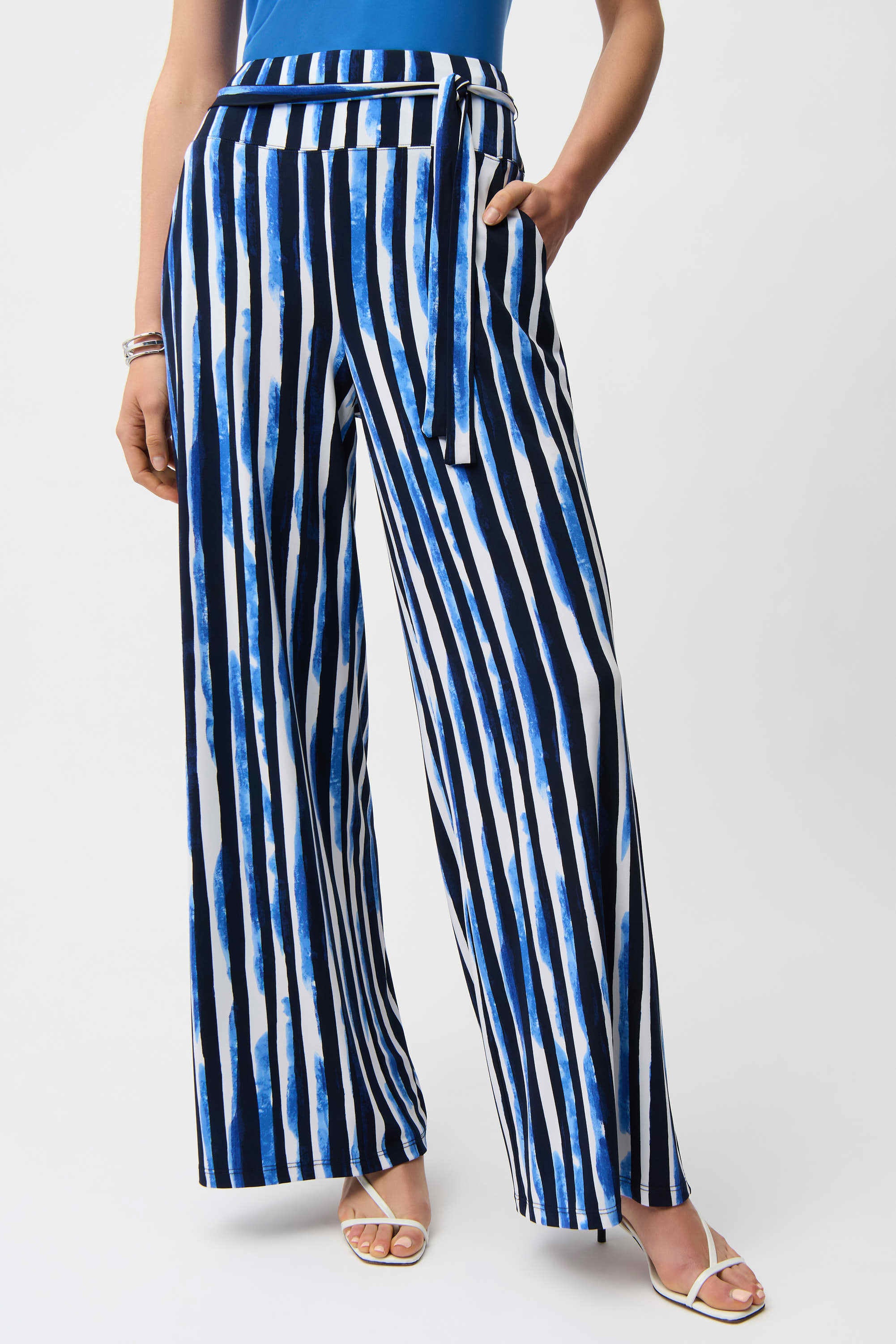 Front View Image of Joseph Ribkoff Silky Knit Stripe Print Wide Leg Pull-On Pants in Blue/Vanilla