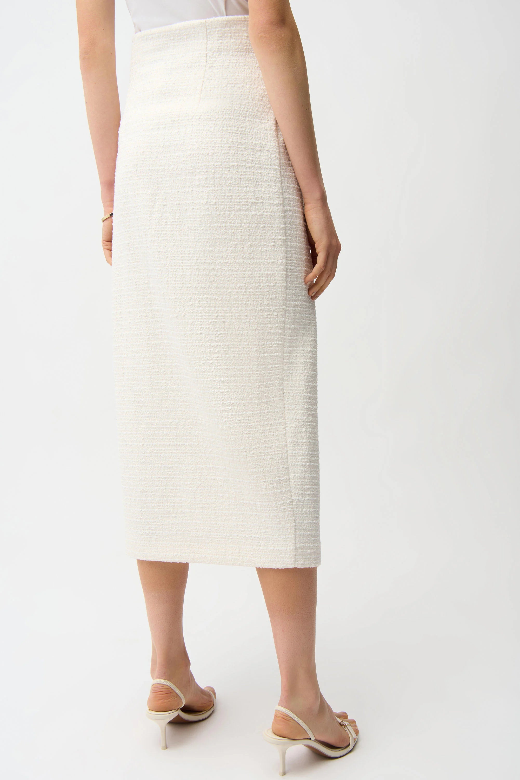 Back View Image of Joseph Ribkoff Bouclé Pencil Skirt With Gold Buttons in Off-White