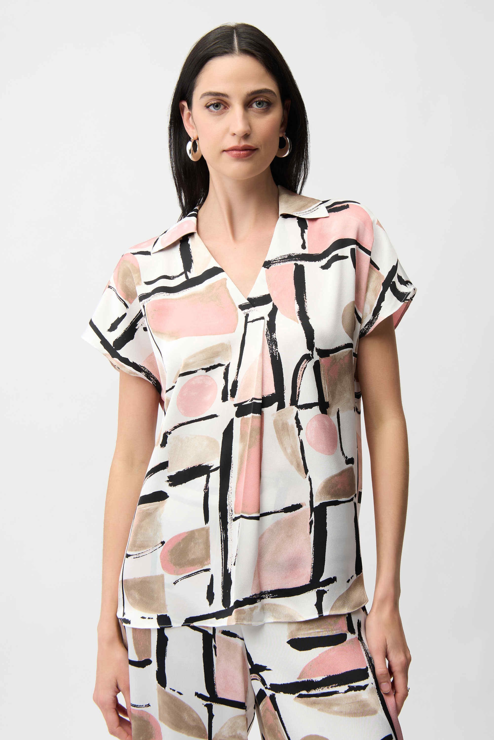 Front View Image of Joseph Ribkoff recycled Satin Abstract Print Boxy Top with V-neckline in Vanilla/Multi