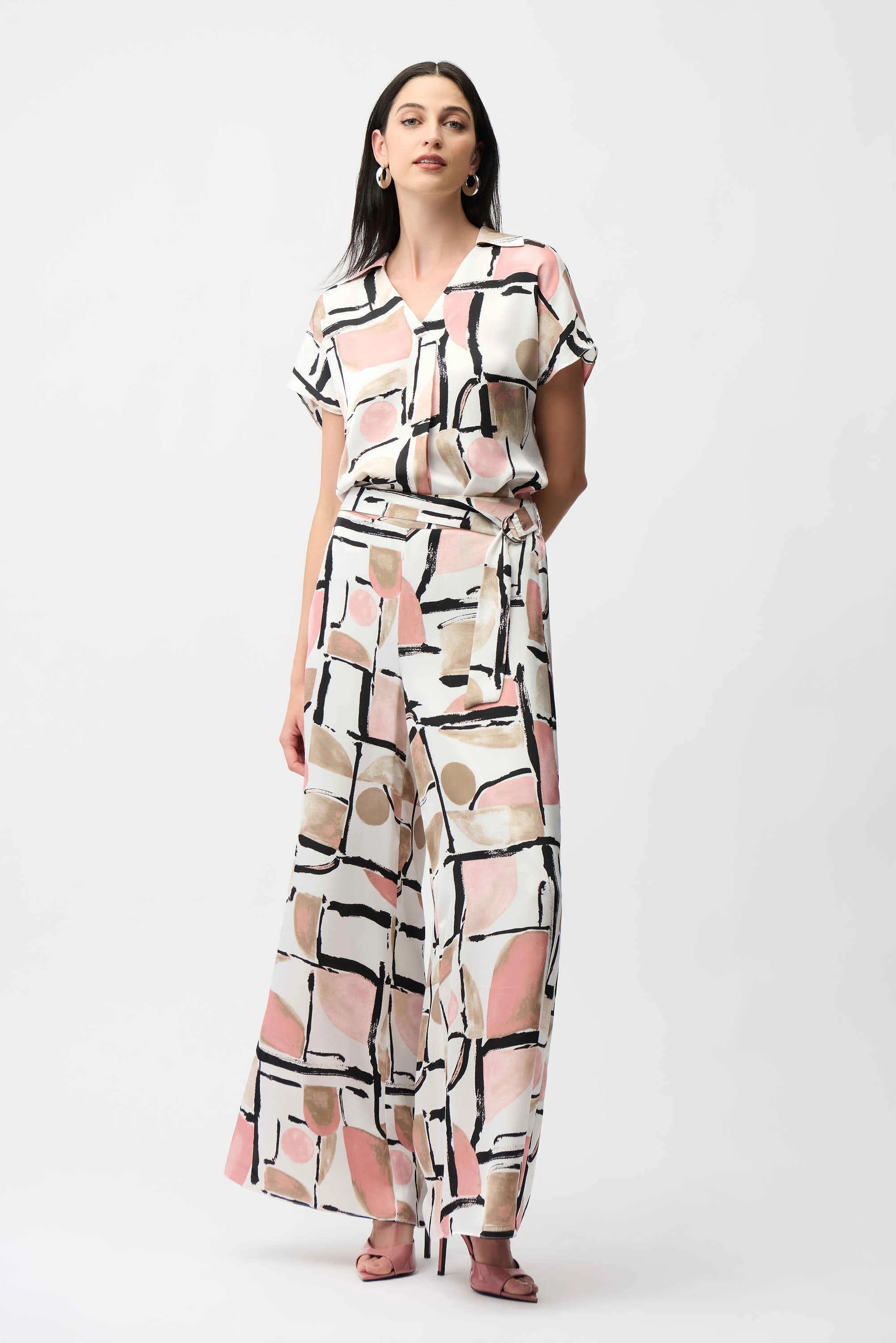 Full Body View Image of Joseph Ribkoff recycled Satin Abstract Print Boxy Top with V-neckline in Vanilla/Multi