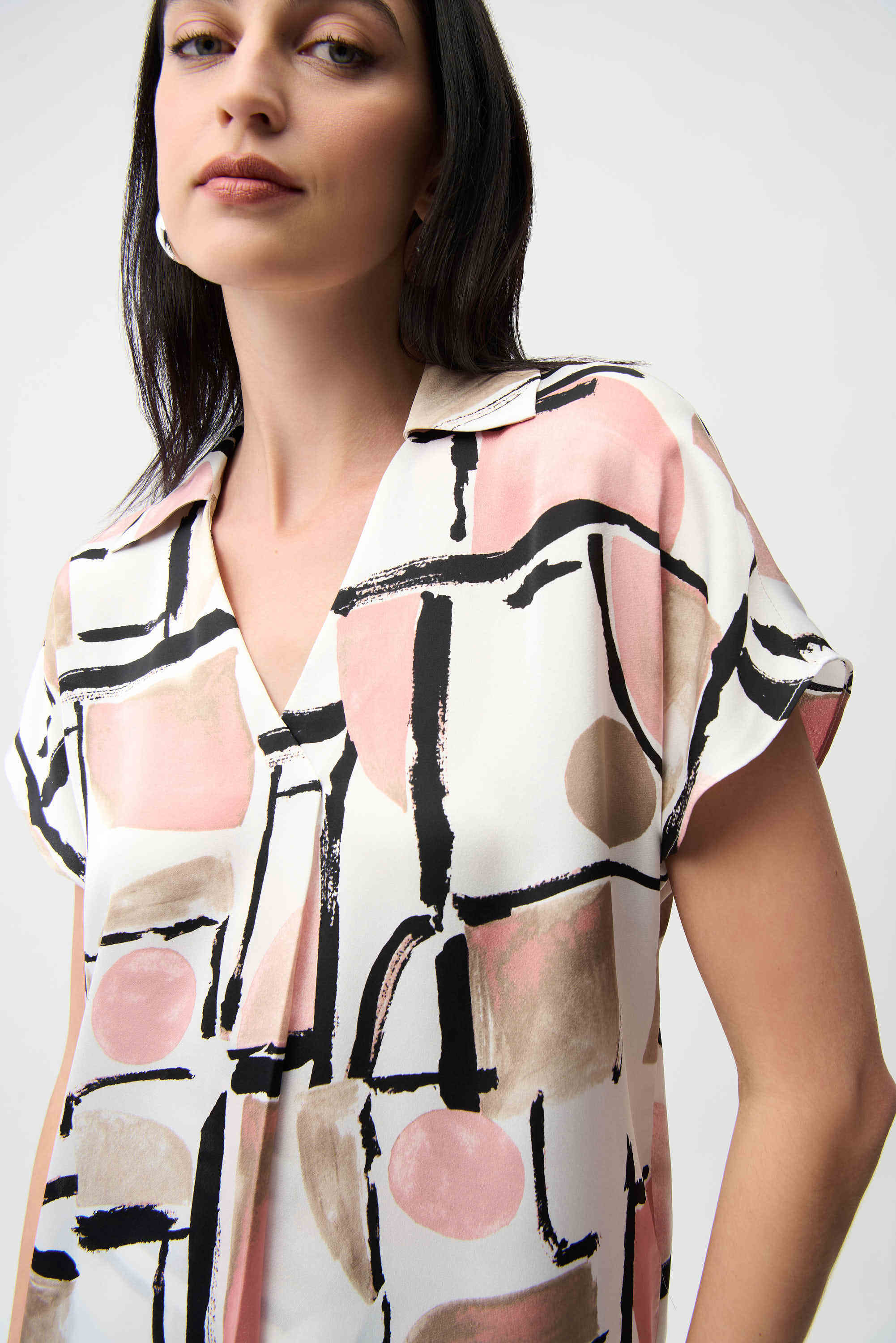 Front Close Up View Image of Joseph Ribkoff recycled Satin Abstract Print Boxy Top with V-neckline in Vanilla/Multi