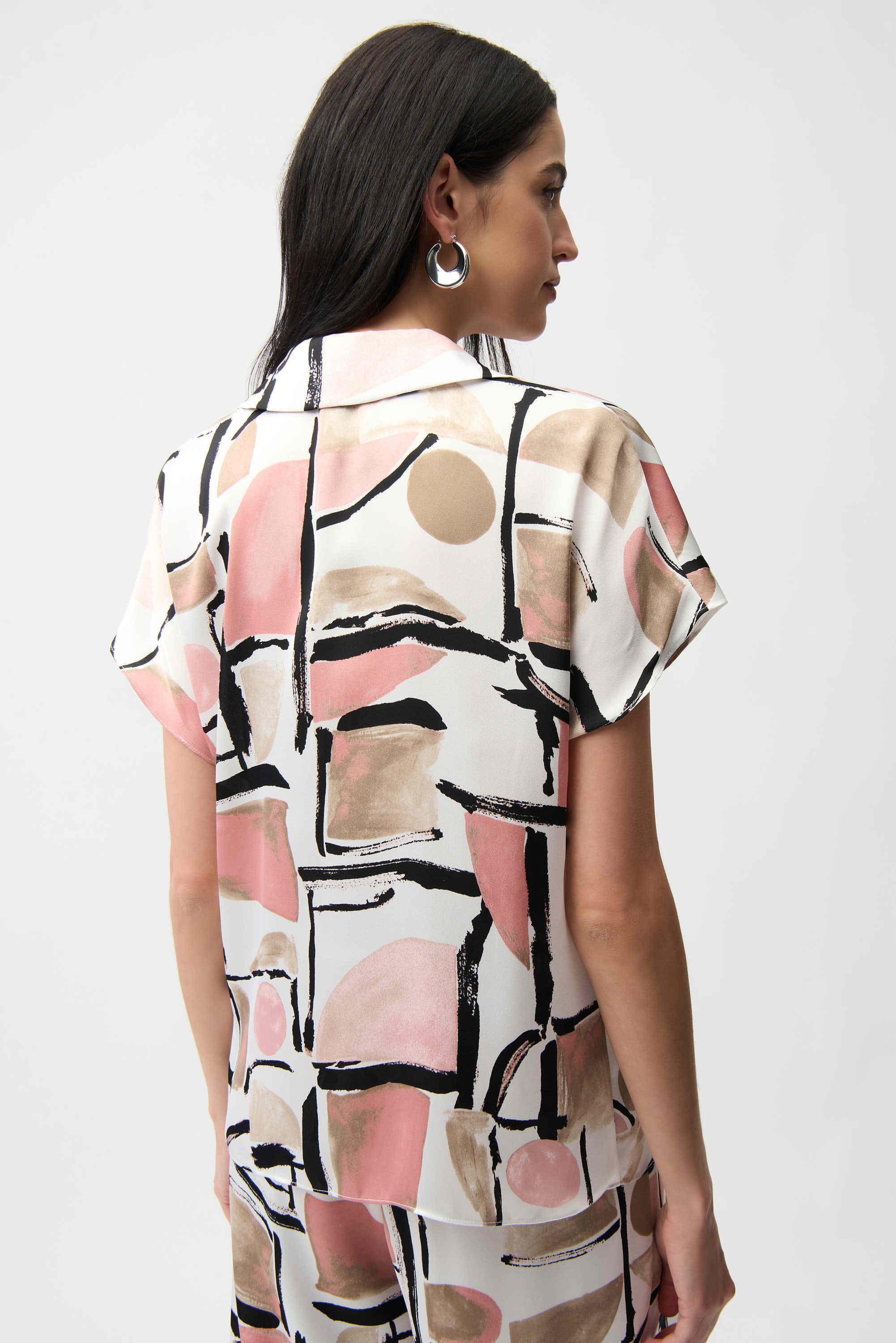 Back View Image of Joseph Ribkoff recycled Satin Abstract Print Boxy Top with V-neckline in Vanilla/Multi