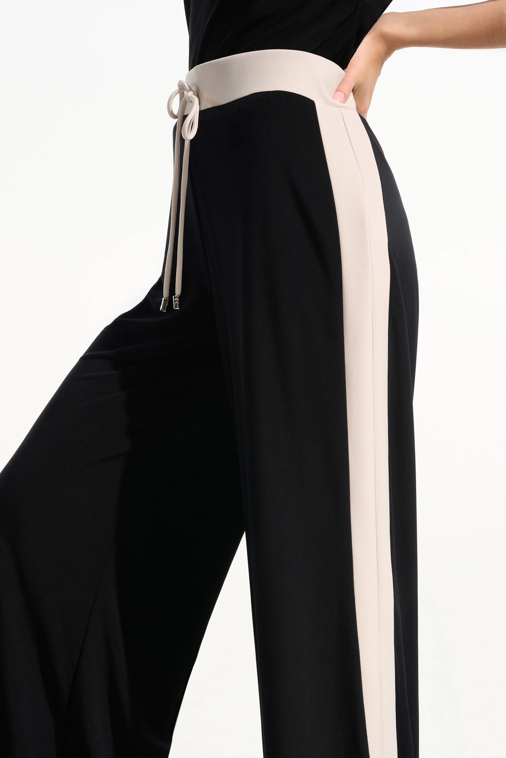 Side View Image of Joseph Ribkoff Silky Knit Color Block Wide Leg Pull-On Pants in Black/Moonstone