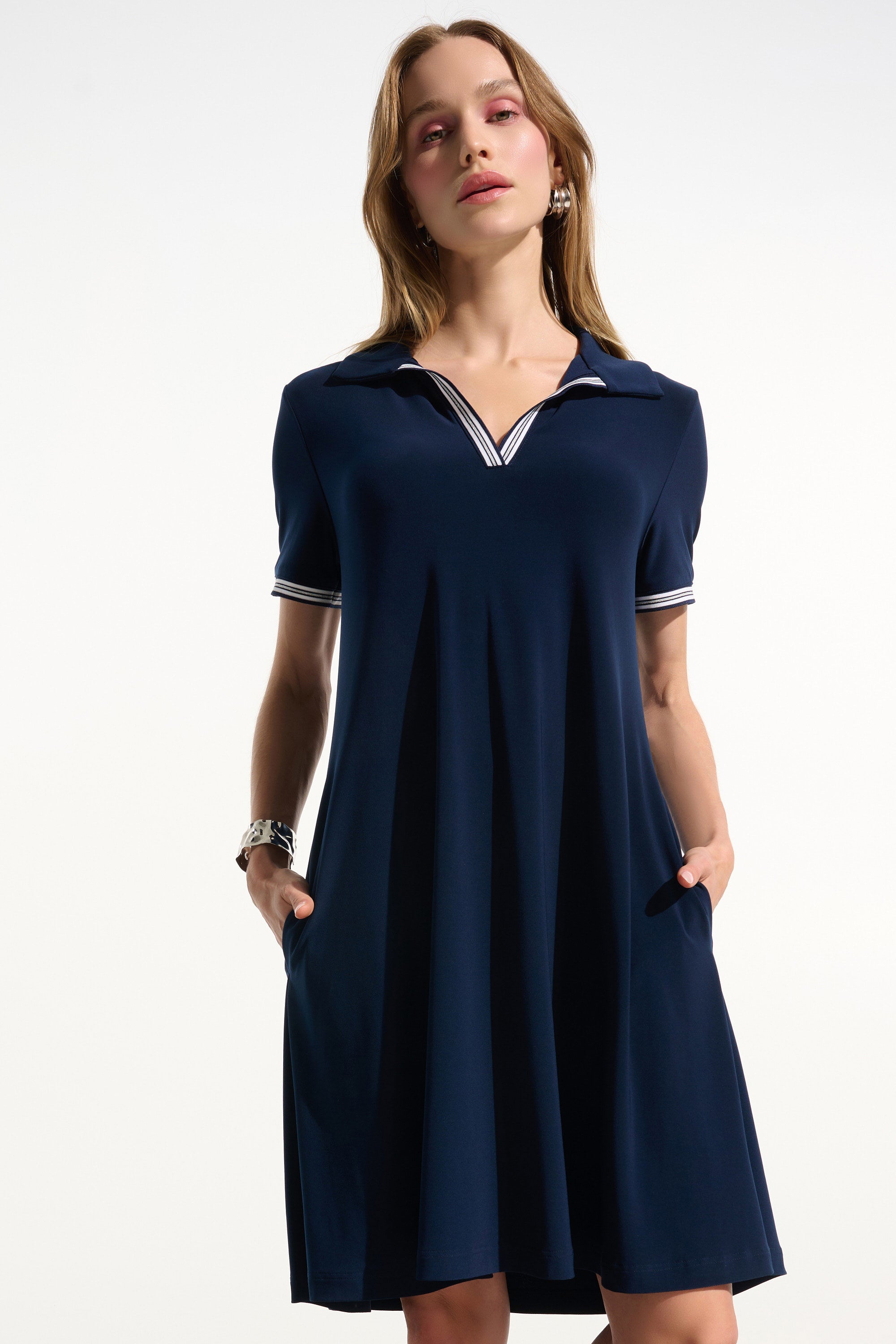 Front View Image of JOseph Ribkoff Silky Knit Trapeze Dress with Polo Collar in Indigo