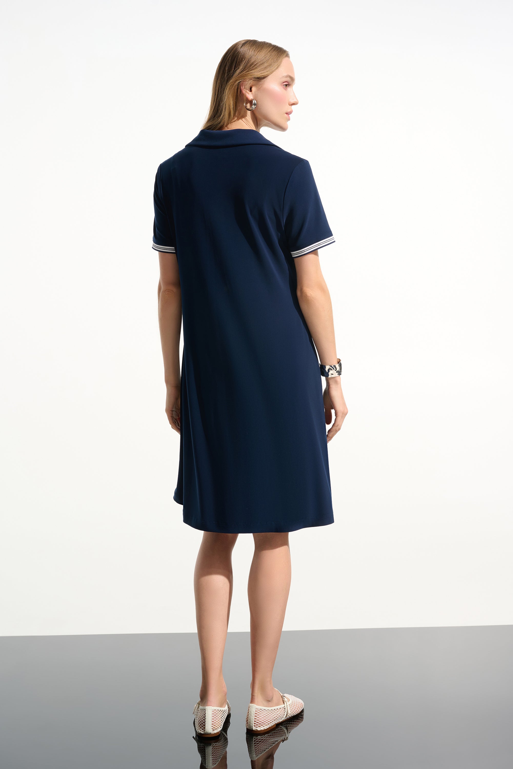 Back View Image of JOseph Ribkoff Silky Knit Trapeze Dress with Polo Collar in Indigo