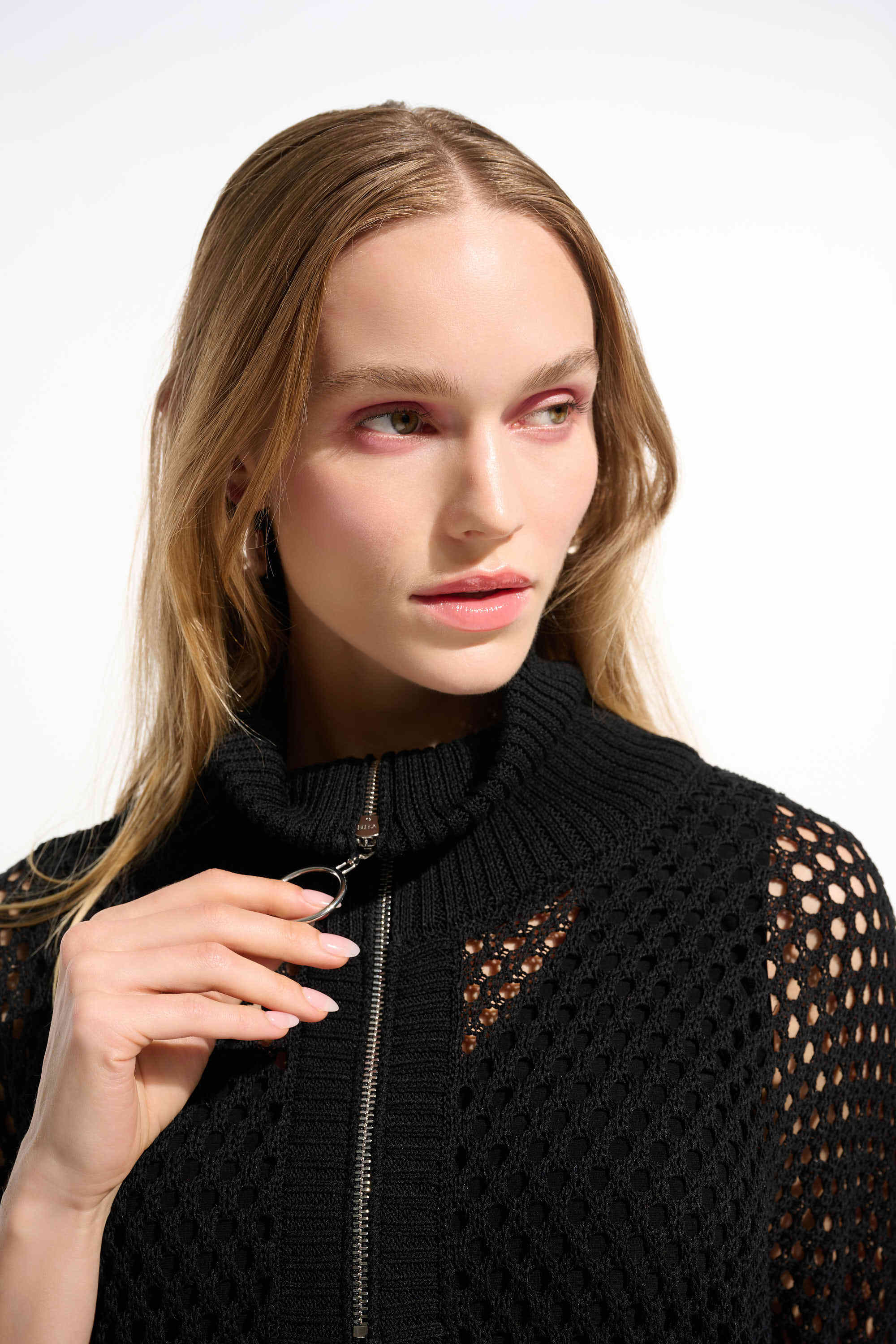 Close up View Image of Joseph Ribkoff Vicscose Blend Boxy Sweater Knit With Zipped Neckline in black