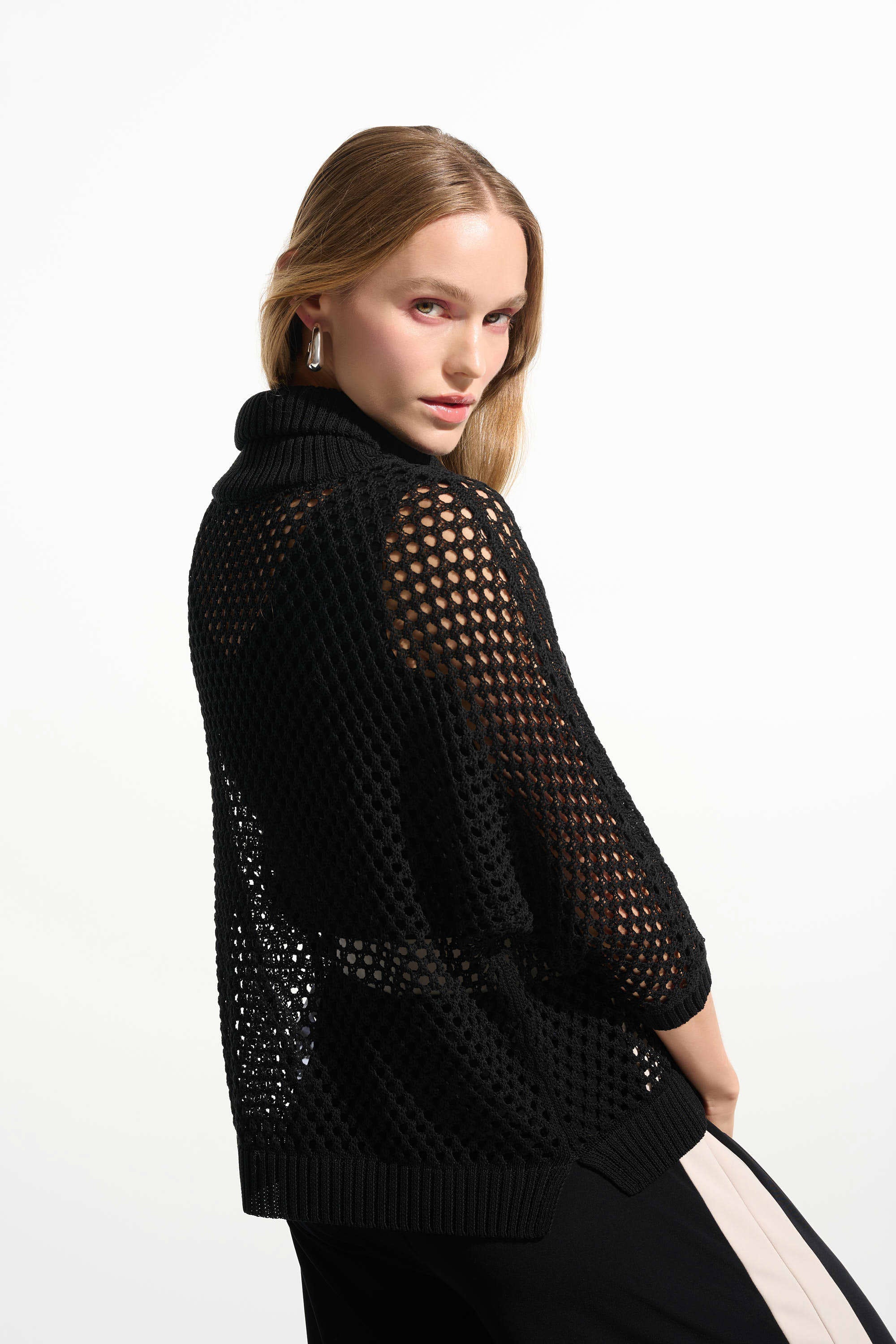 Back View Image of Joseph Ribkoff Vicscose Blend Boxy Sweater Knit With Zipped Neckline in black