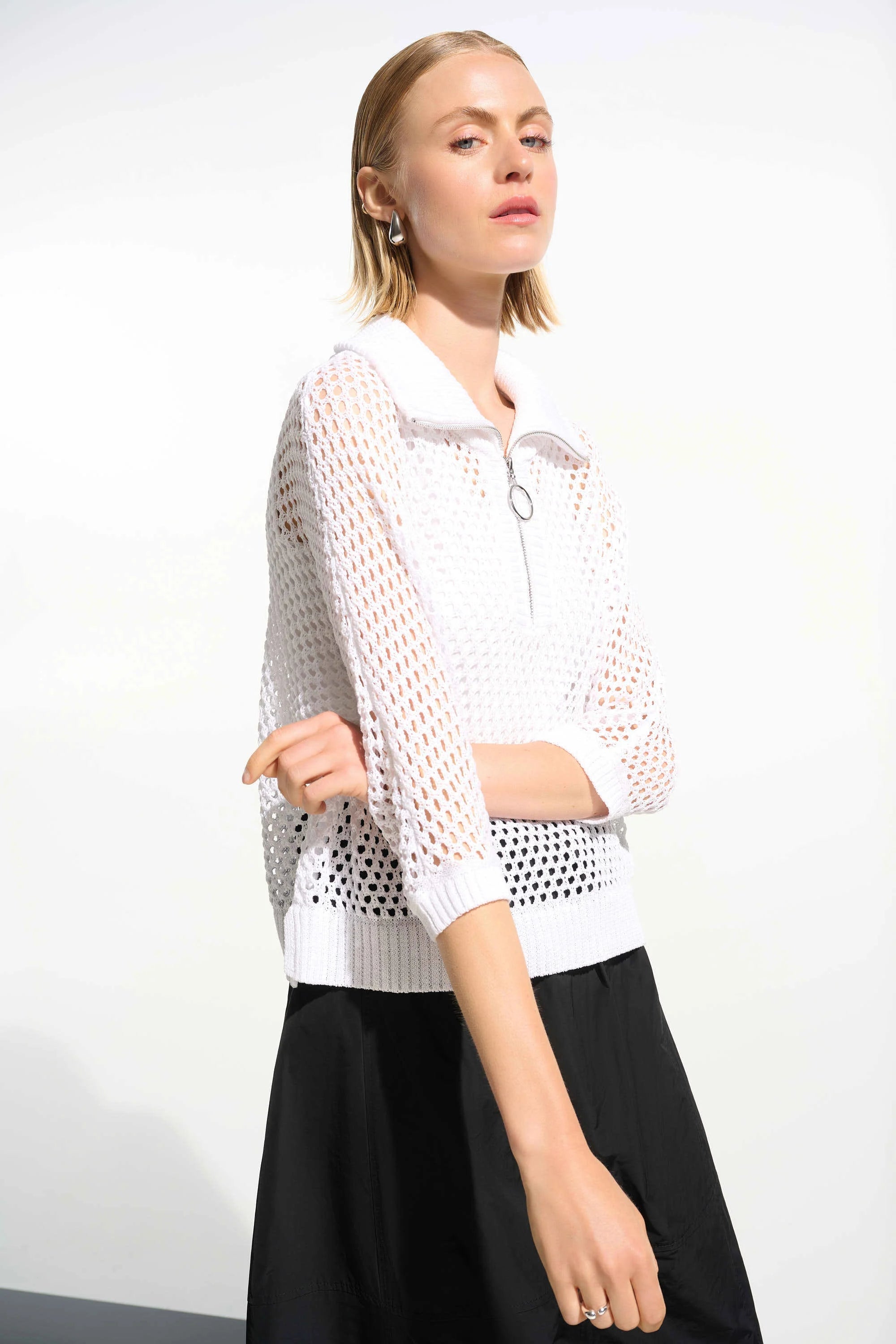 Front View Image of Joseph Ribkoff Vicsoze Blend Boxy Sweater nit with Zipped Neckline in Vanilla