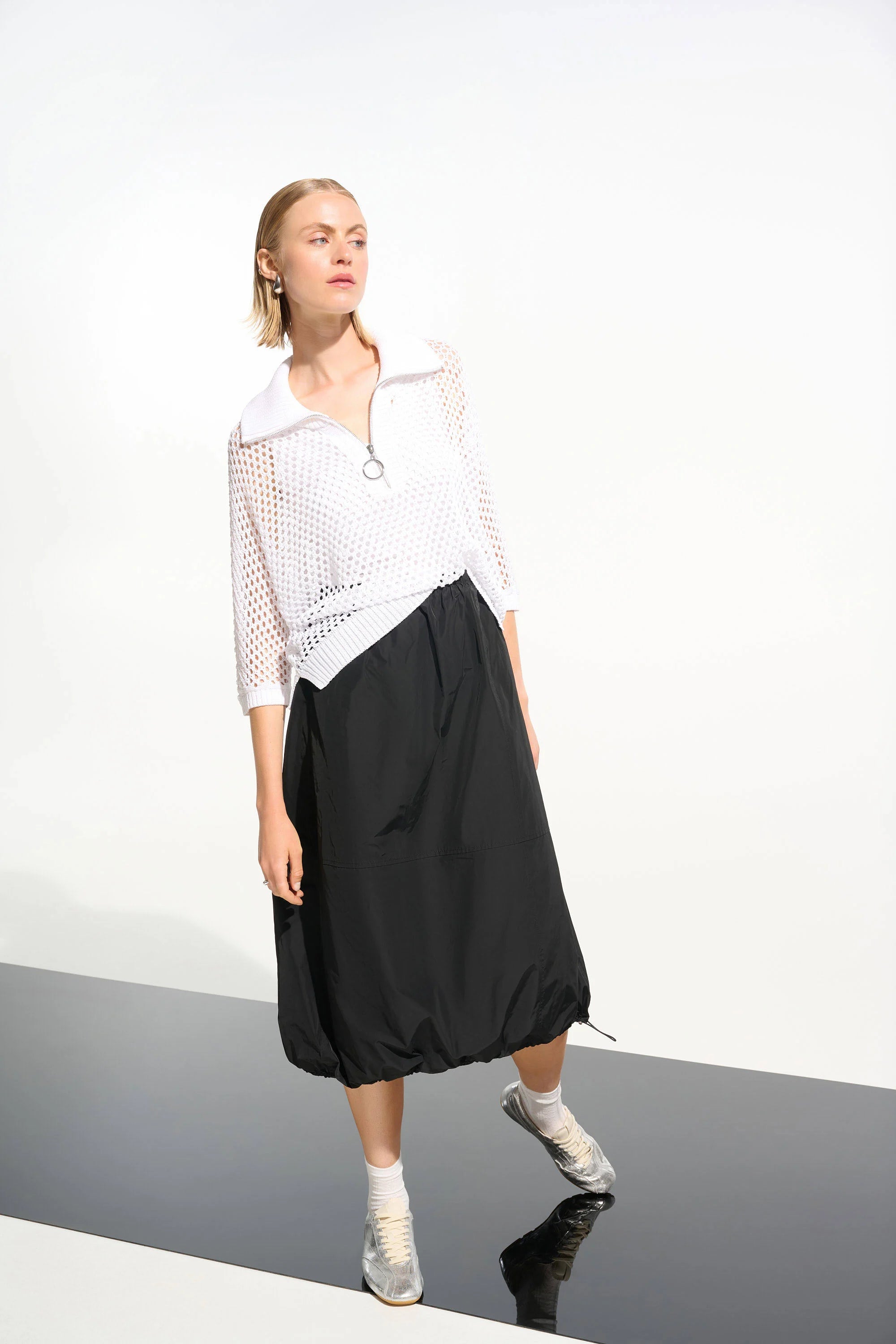 Full Body View Image of Joseph Ribkoff Vicsoze Blend Boxy Sweater nit with Zipped Neckline in Vanilla