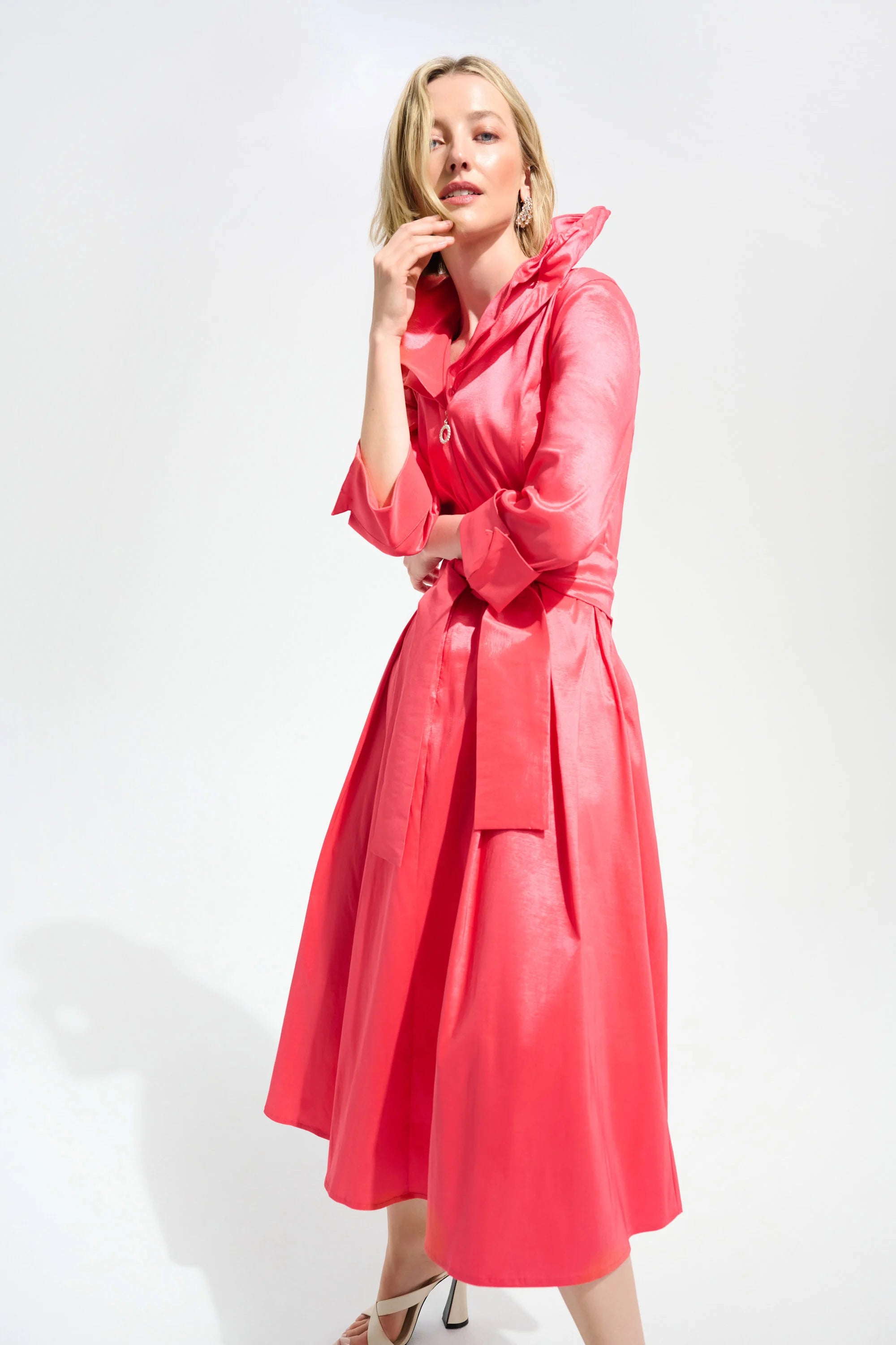Front View Image of Joseph Ribkoff Stretch Taffeta Fit And Flare Dress With Lapel Collar in Paradise Coral