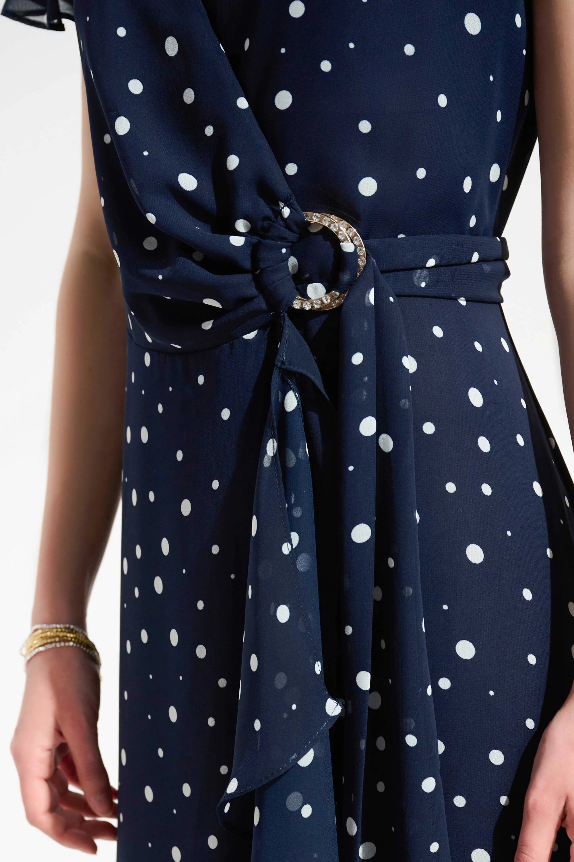 Close Up View Image of Joseph Ribkoff Chiffon Print Wrap Dress With Ruffle Detail in midnight Blue/Vanilla