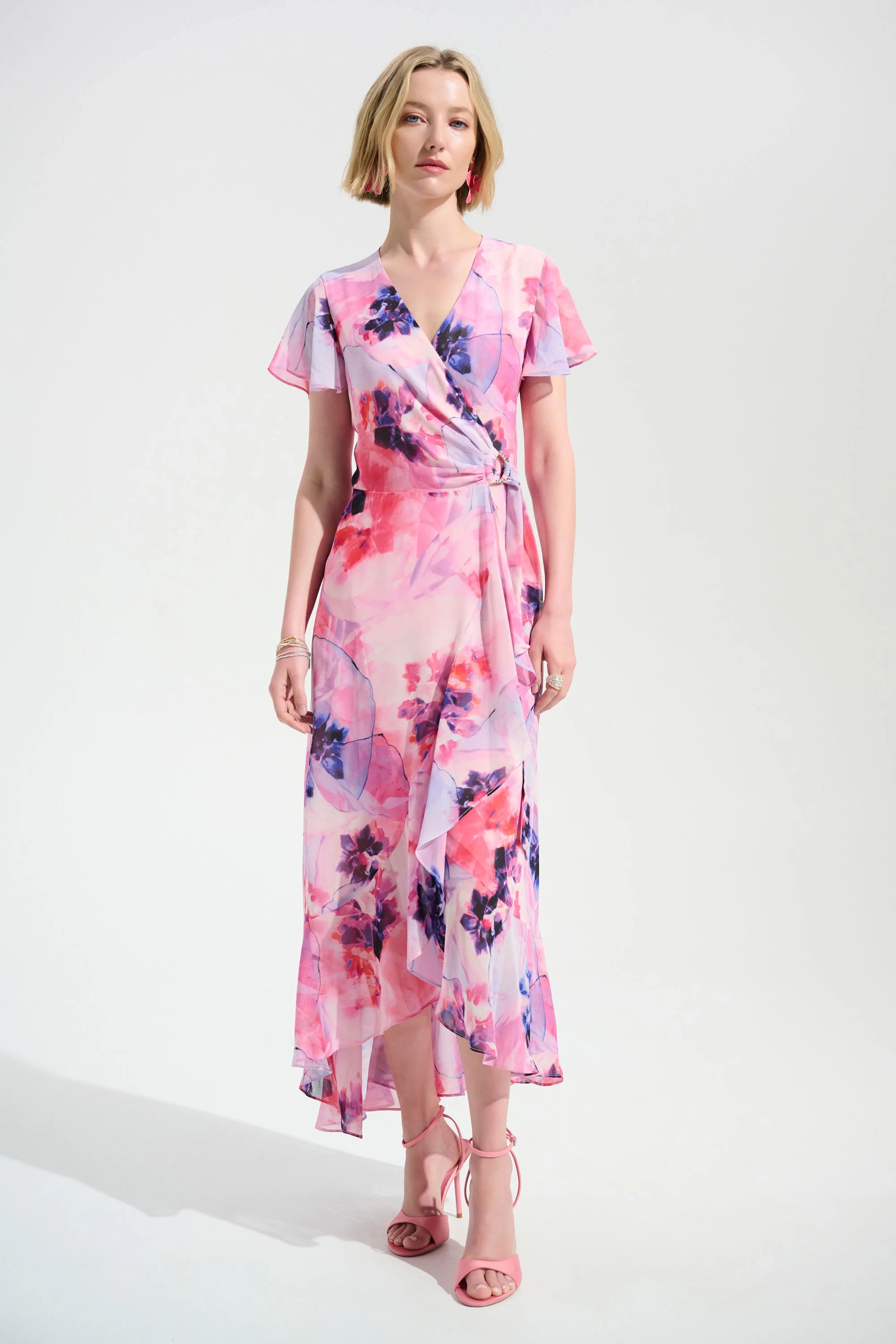Front View Image of Joseph Ribkoff Chiffon Print Wrap Dress With Ruffle Detail in Multi
