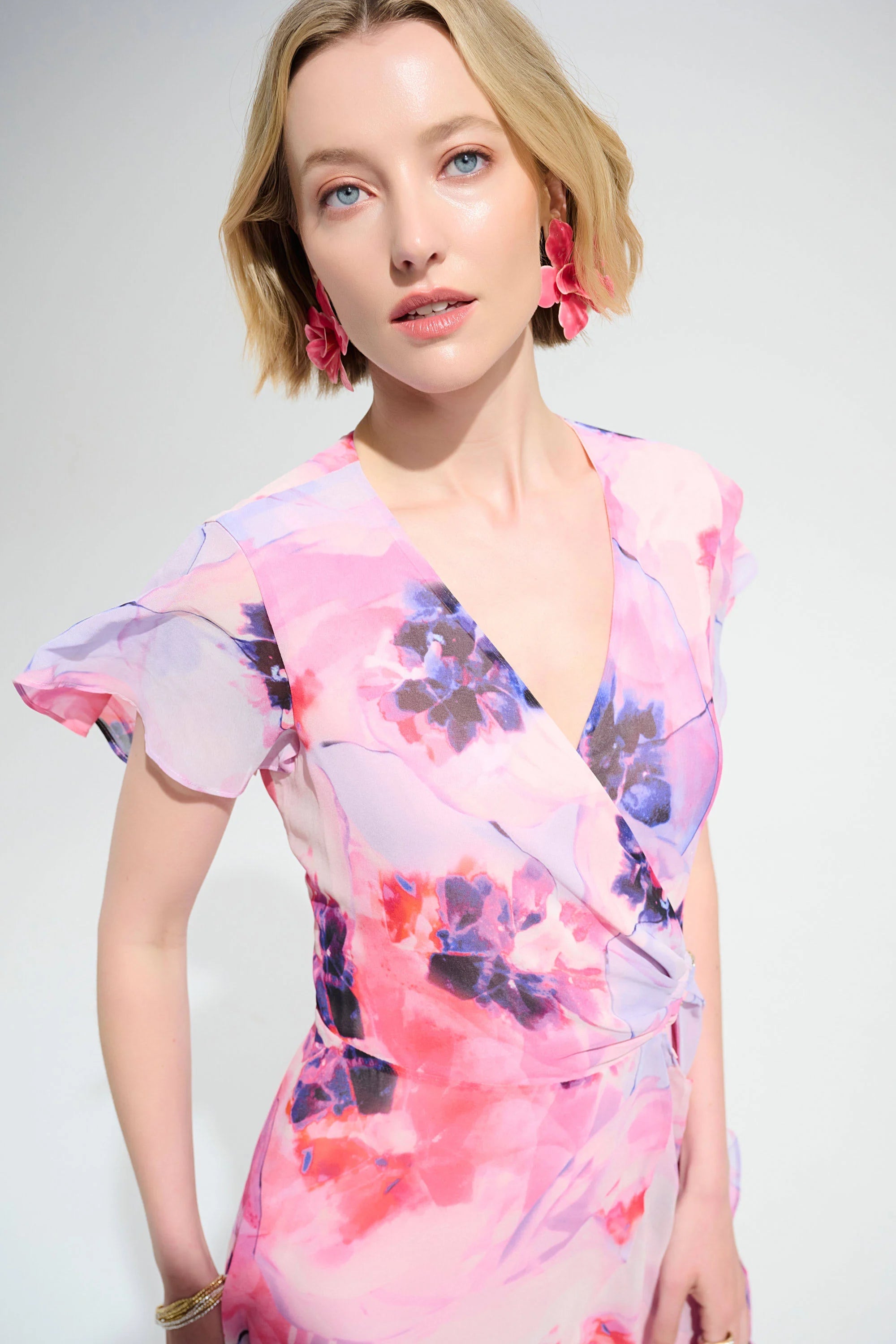 Close Up View Image of Joseph Ribkoff Chiffon Print Wrap Dress With Ruffle Detail in Multi