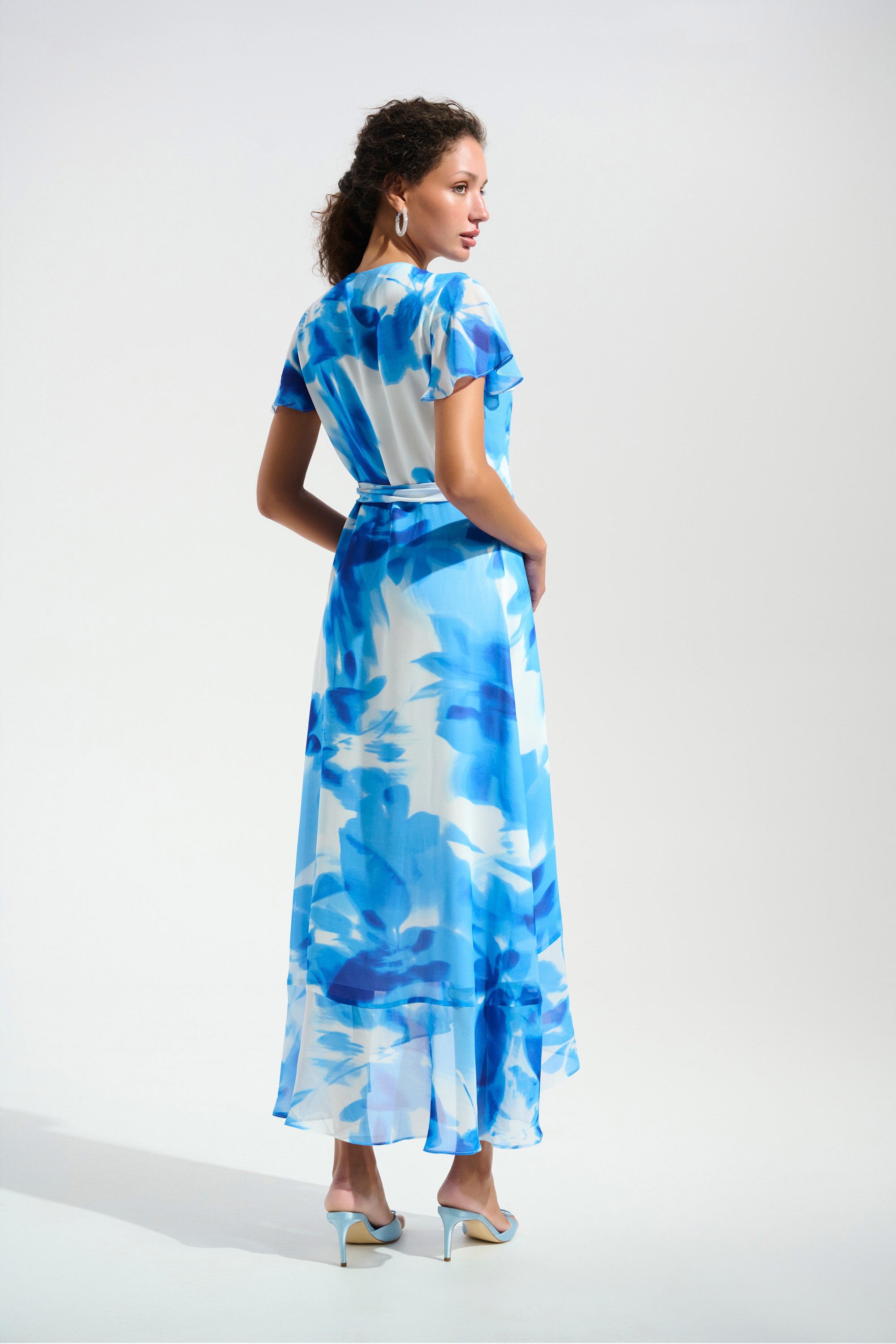 Back View Image of Joseph Ribkoff Chiffon Print Wrap Dress With Ruffle Detail in Vanilla/Blue