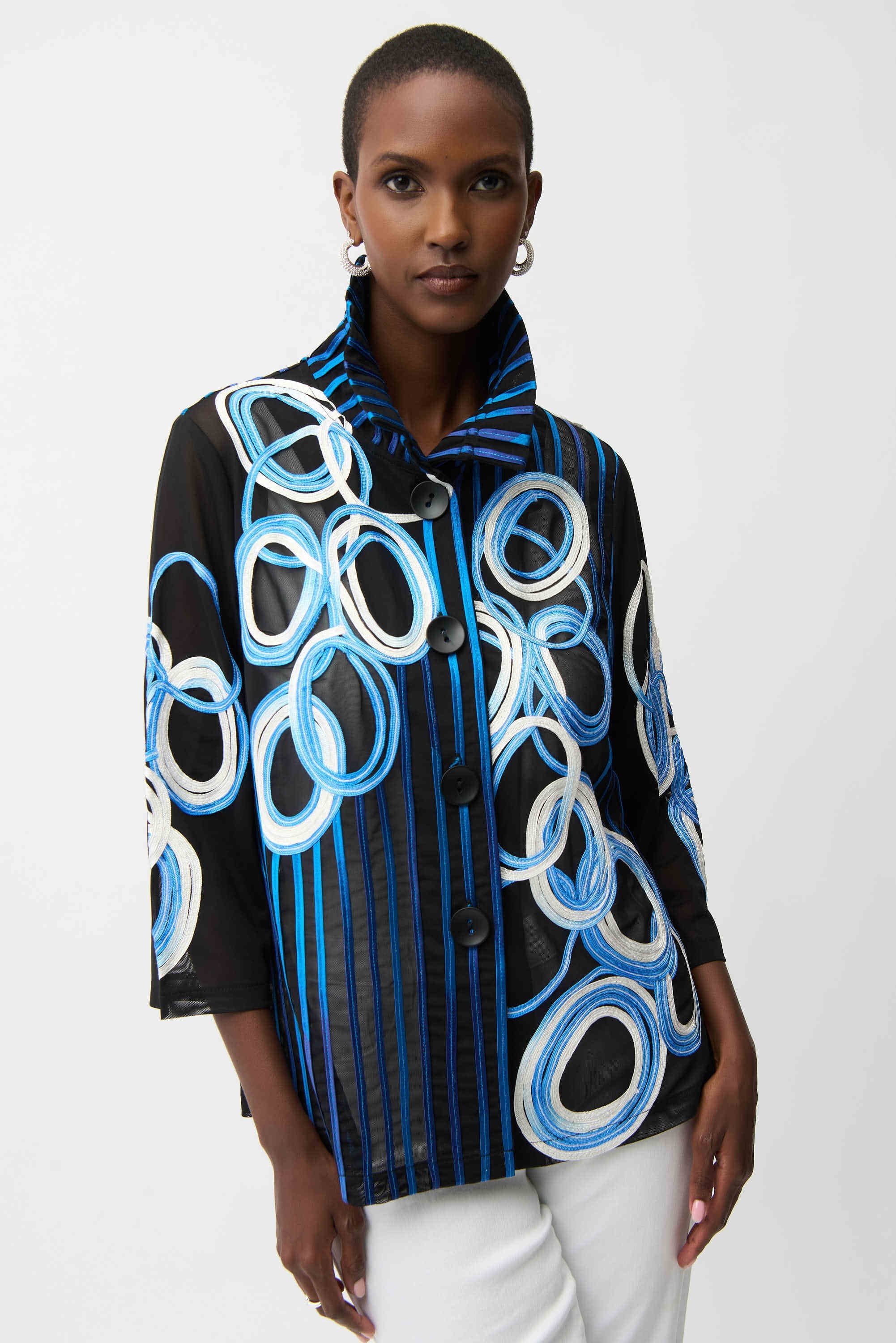 Front View Image of Joseph Ribkoff Satin And Mesh Soutache Jacket With Bell Sleeves in Black/Multi