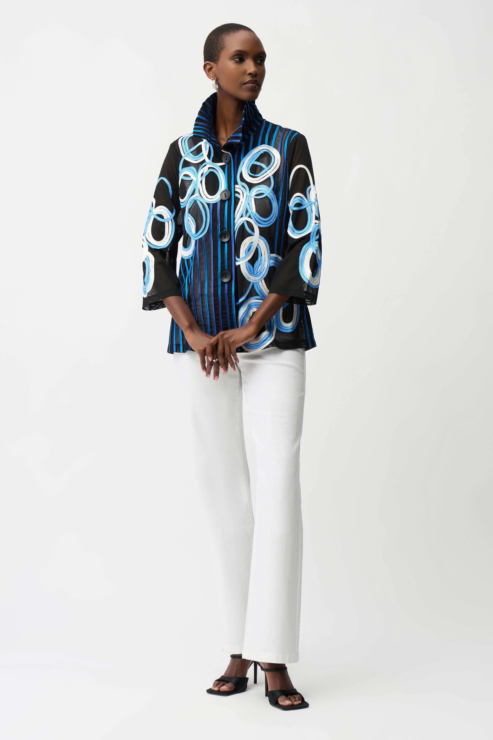 Full Body View Image of Joseph Ribkoff Satin And Mesh Soutache Jacket With Bell Sleeves in Black/Multi
