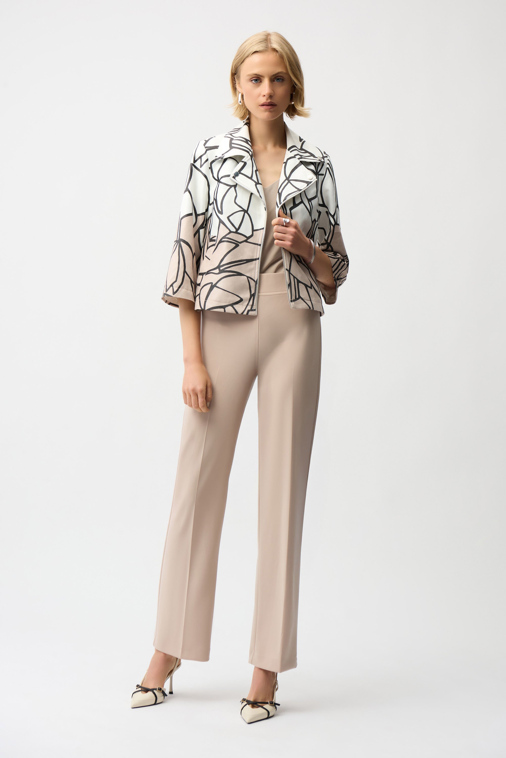 Full Body View Image of Joseph Ribkoff Faux Suede Abstract Print Swing Jacket in Vanilla/ Multi