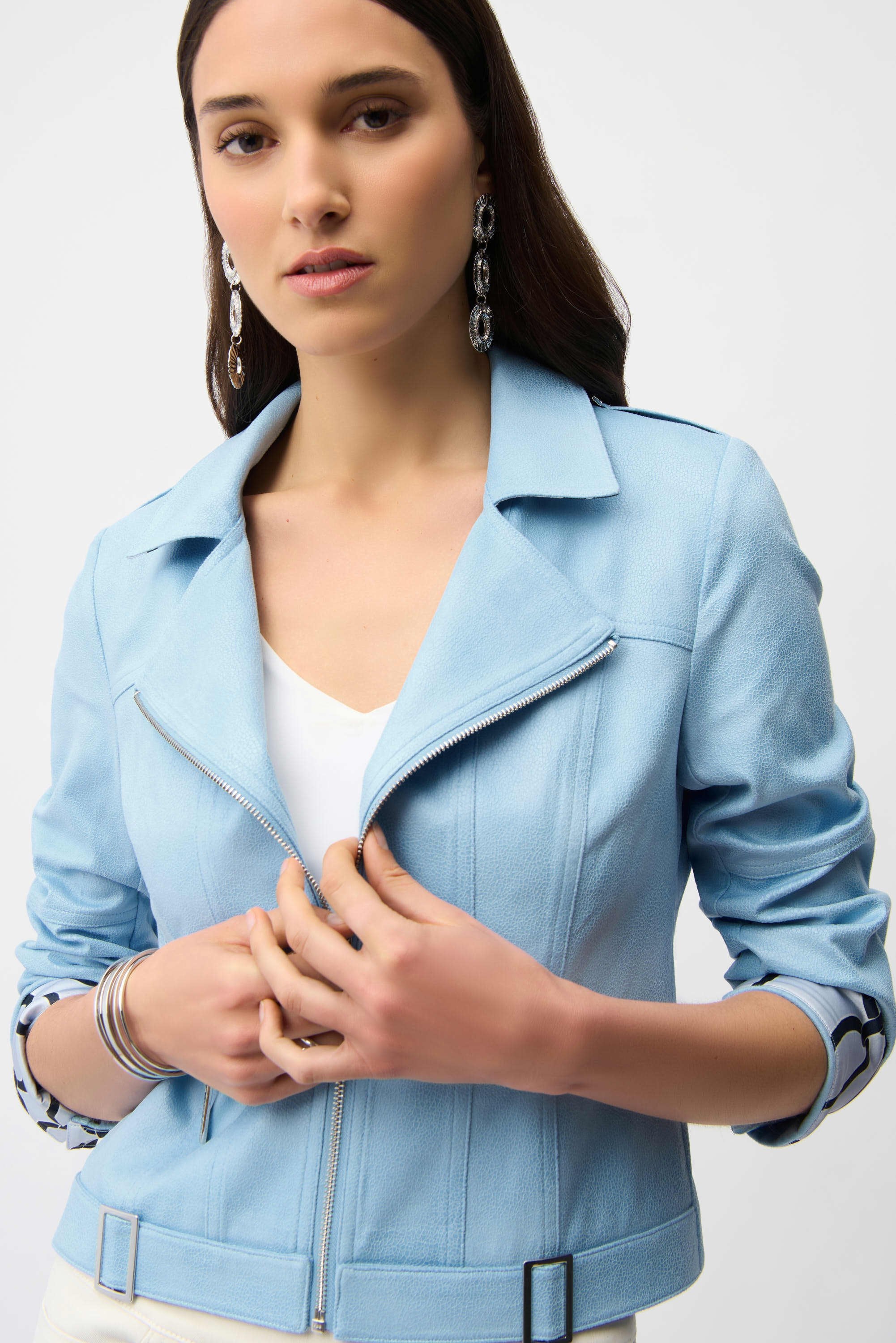 front Close Up View Image of Joseph Ribkoff foiled Faux Suede Fitted Jacket with Decorative Buckles in Sky Blue