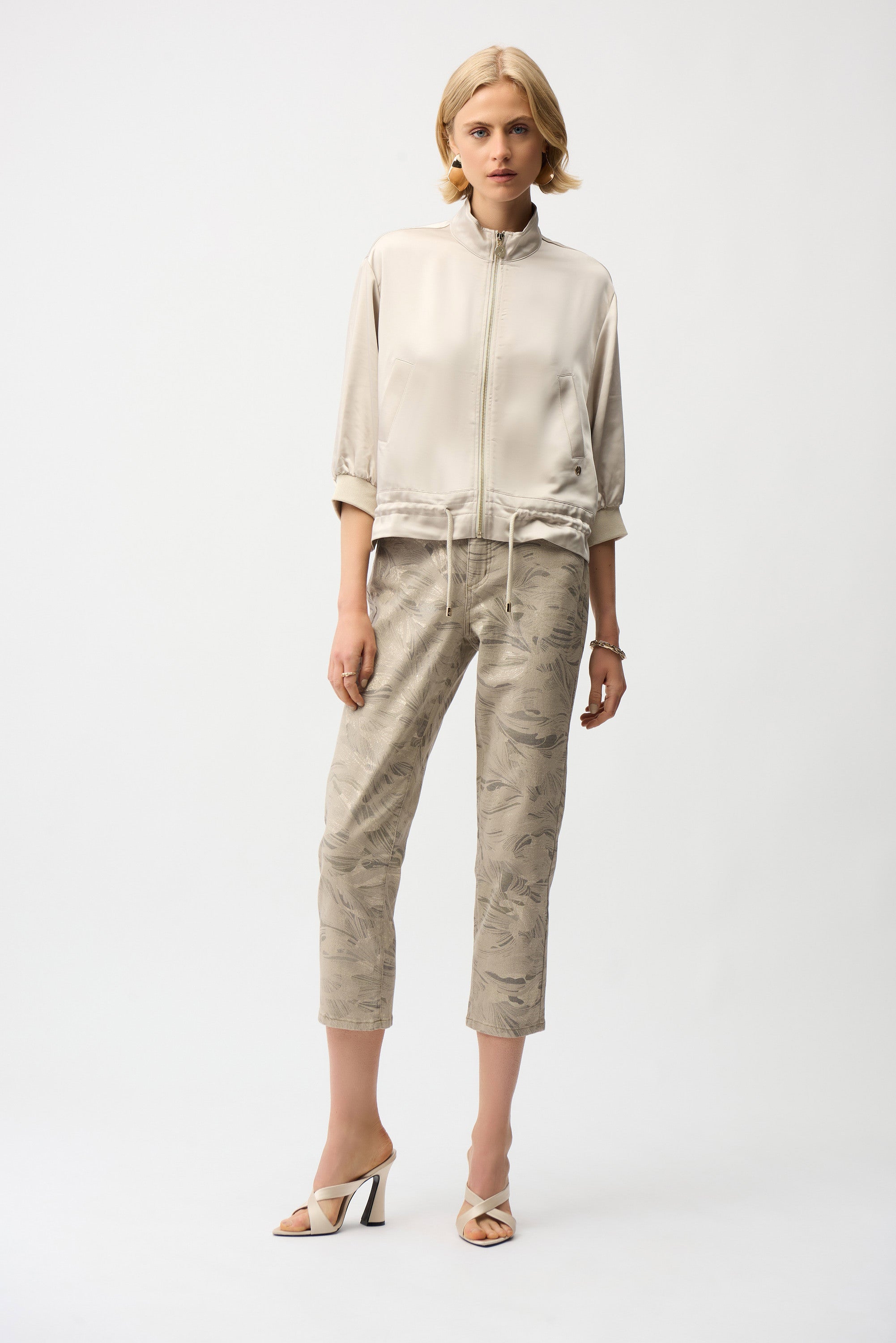 Full Body View Image of Joseph Ribkoff Satin Boxy Blouson Jacket With Drawstring Hem in Moonstone
