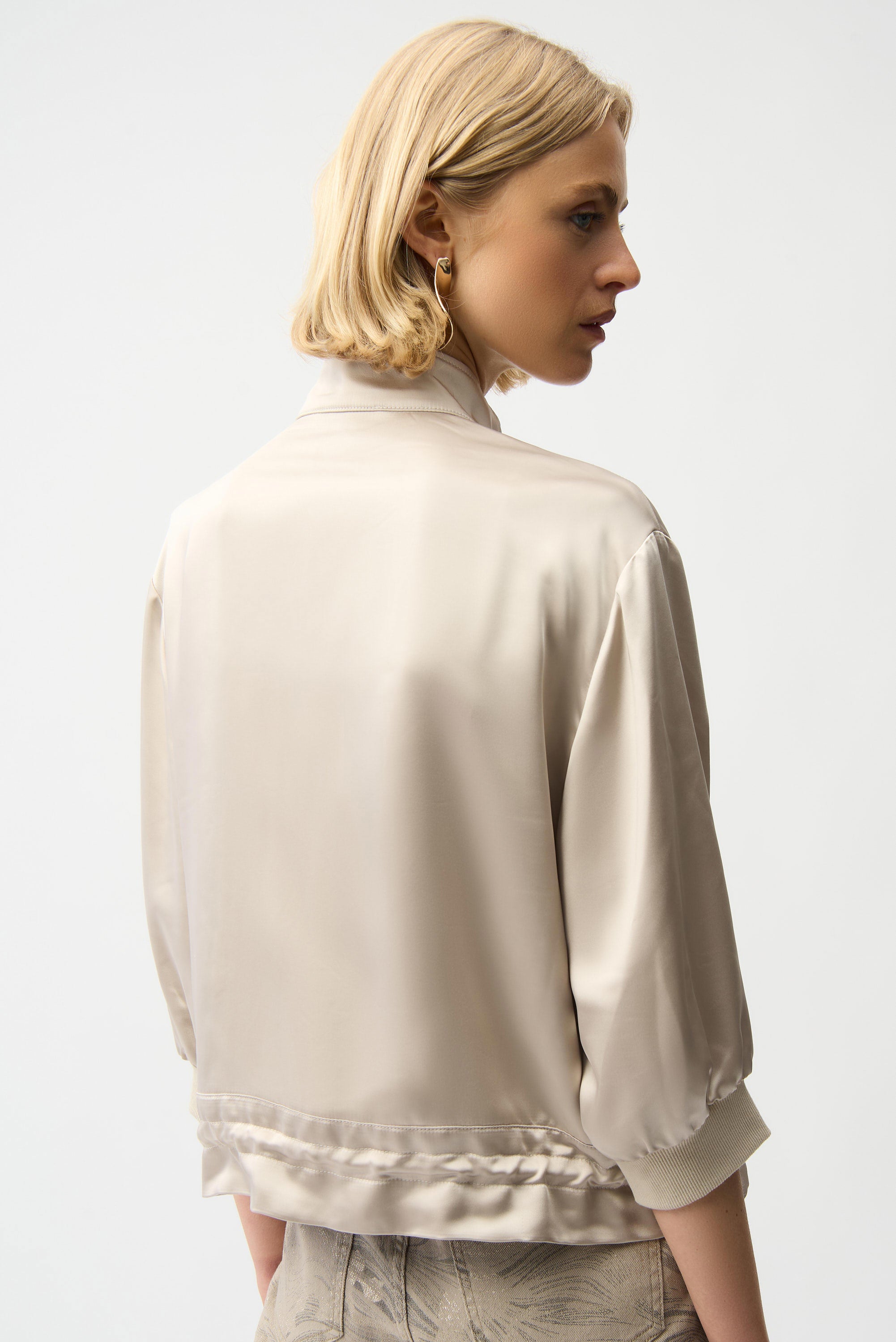 Back View Image of Joseph Ribkoff Satin Boxy Blouson Jacket With Drawstring Hem in Moonstone