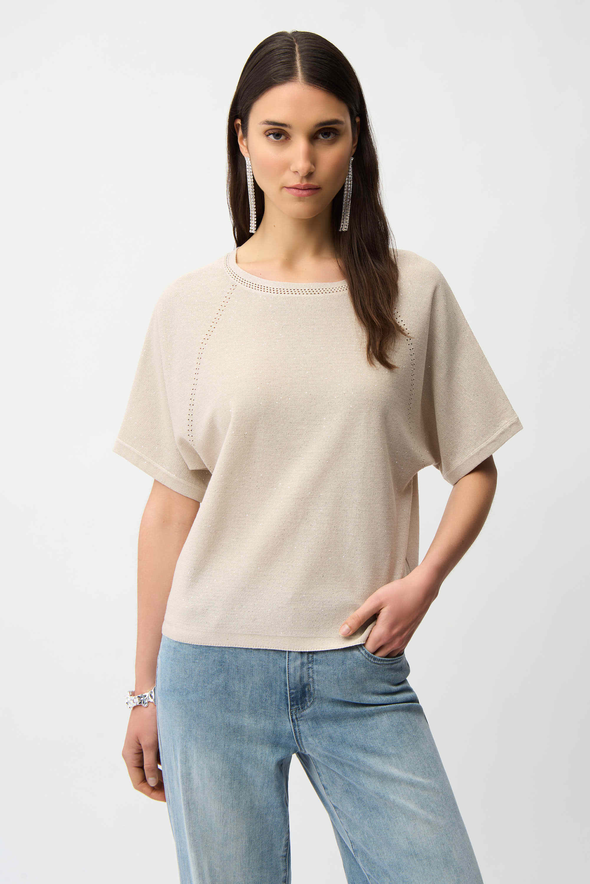 Front View Image of Joseph Ribkoff Sequins Yarn Short Sleeve Sweater in Moonstone