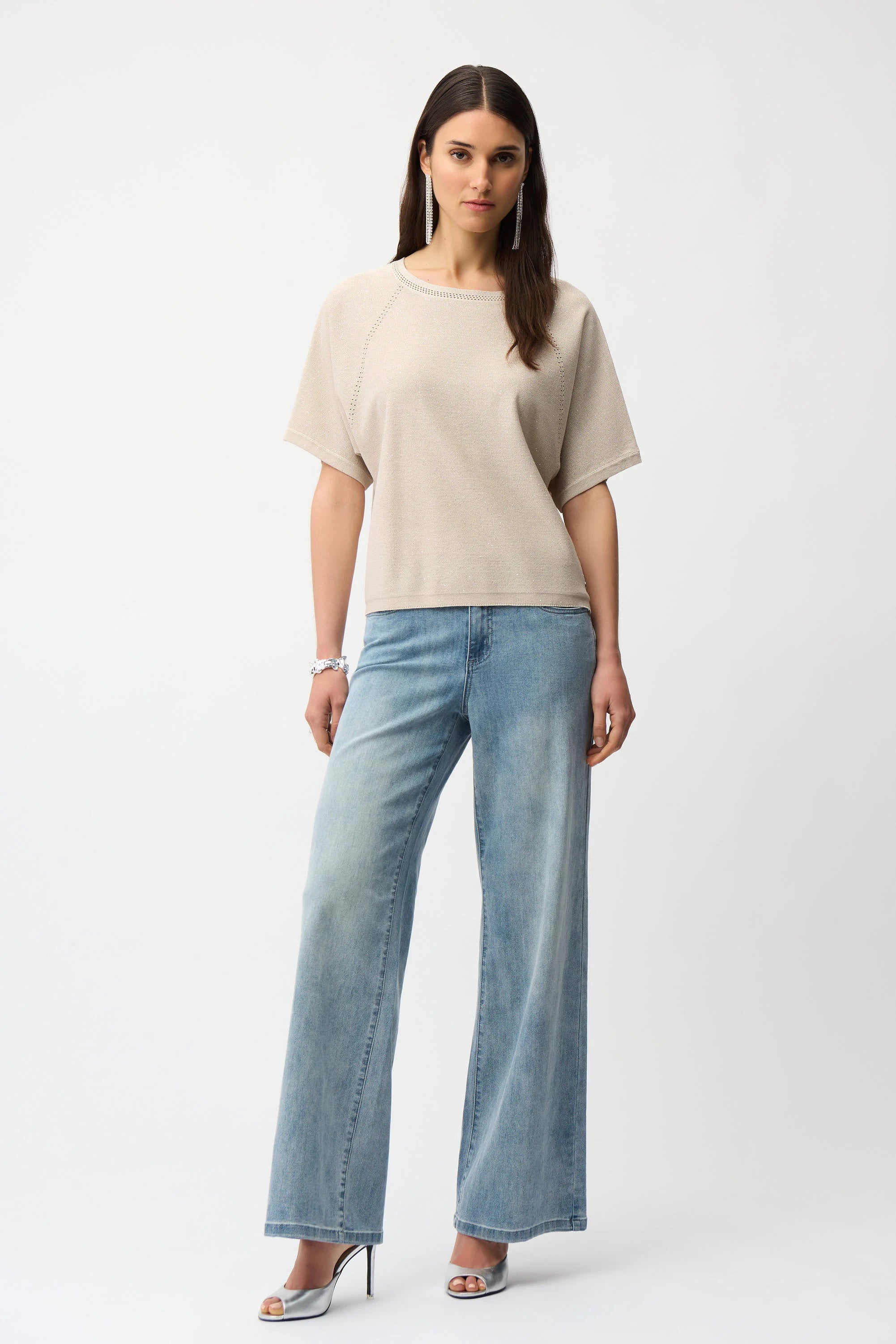 Full Body View Image of Joseph Ribkoff Sequins Yarn Short Sleeve Sweater in Moonstone
