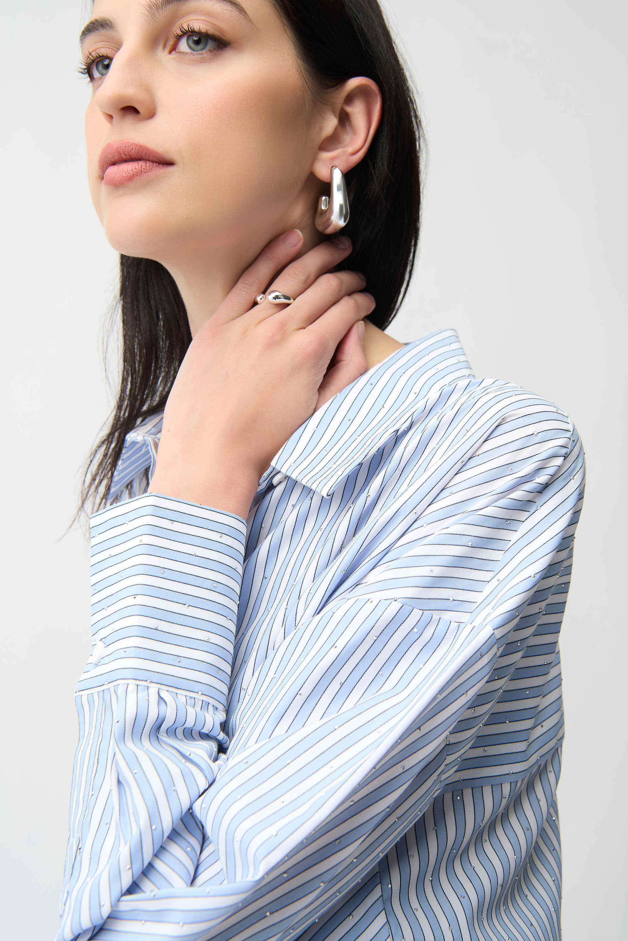 Close Up Front View Image of Joseph Ribkoff Tencel Stripe Print Boxy Blouse in Blue/Vanilla