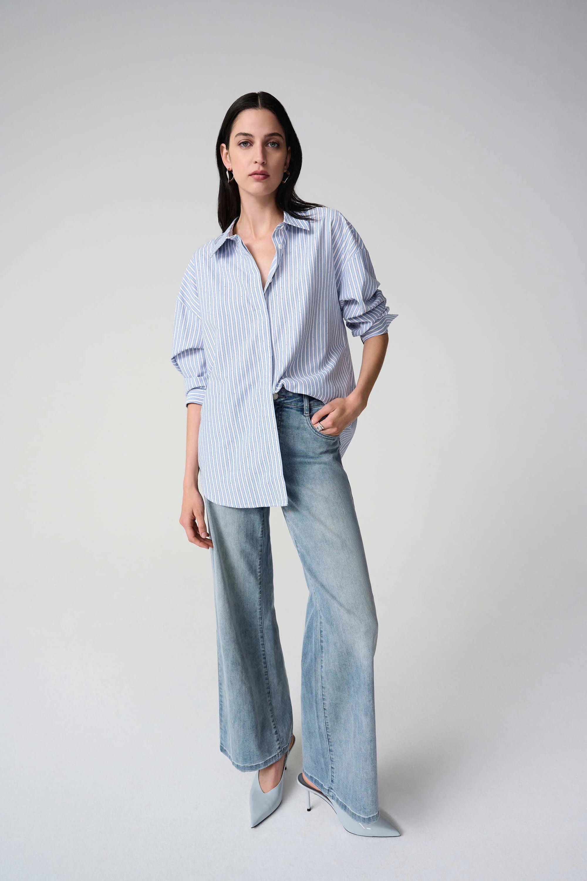 Full Body View Image of Joseph Ribkoff Tencel Stripe Print Boxy Blouse in Blue/Vanilla