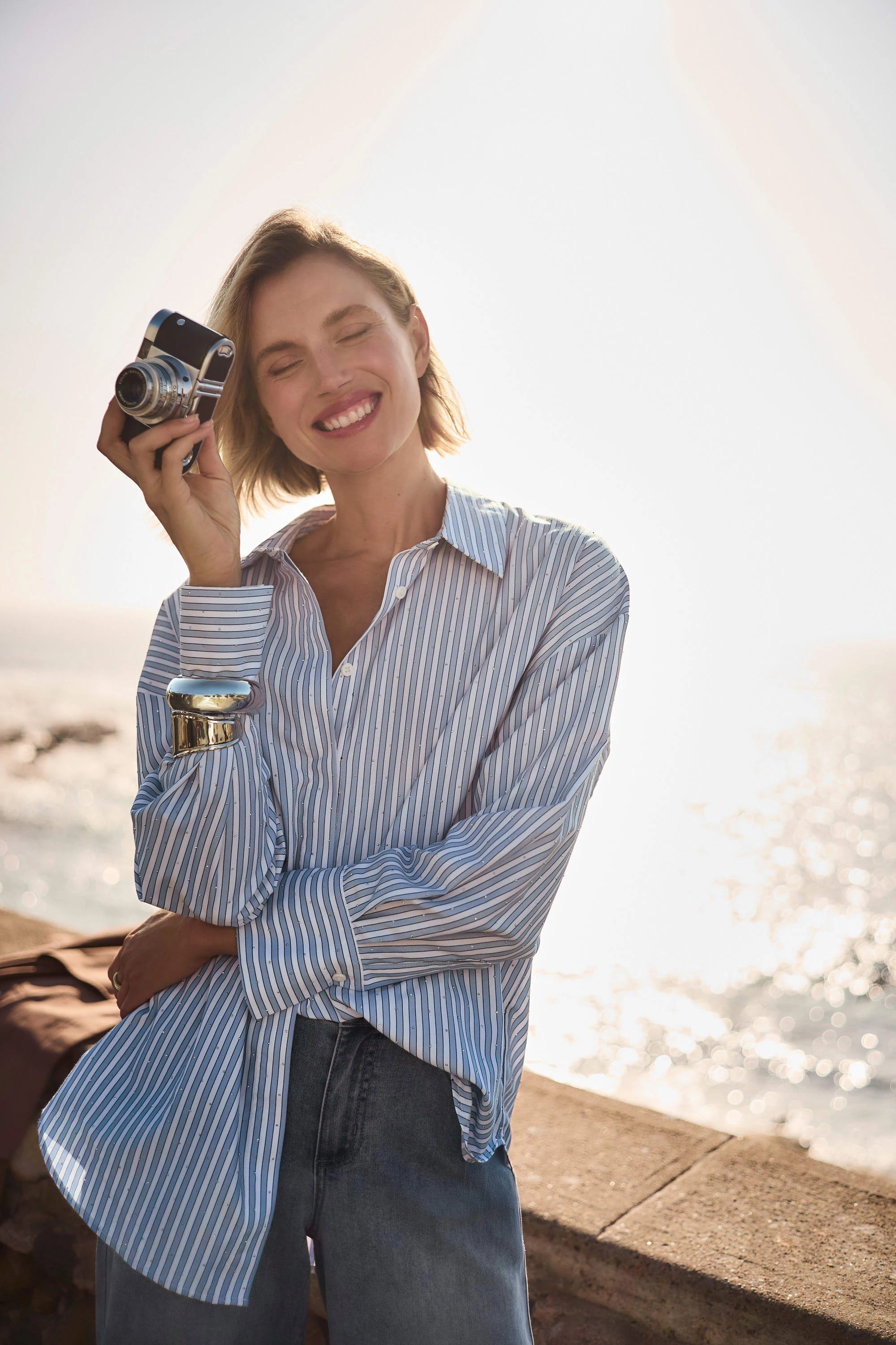 Fashion View Image of Joseph Ribkoff Tencel Stripe Print Boxy Blouse in Blue/Vanilla