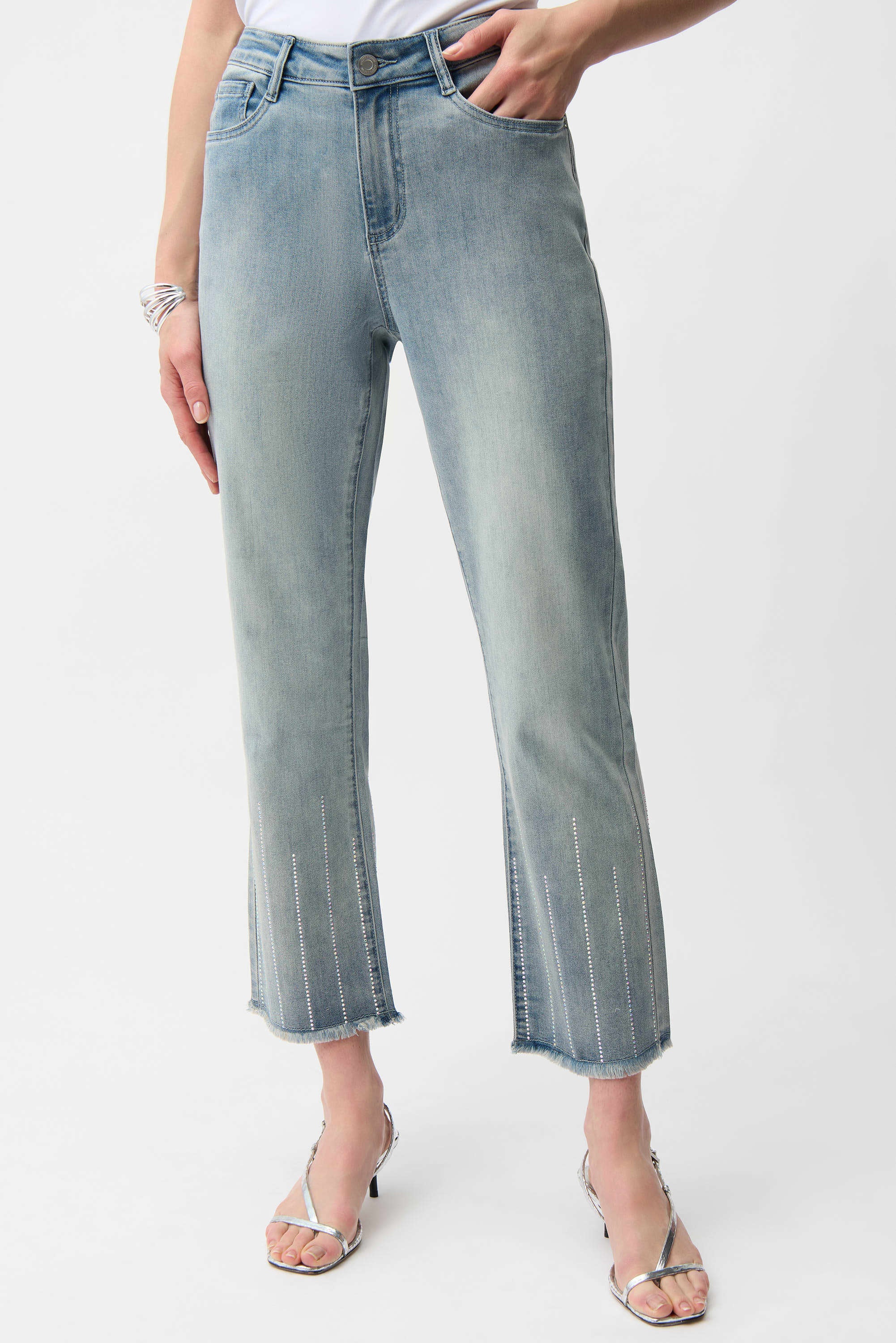 Front Image of Joseph Ribkoff Straight Crop Jeans With Rhinestones in Light Blue Denim