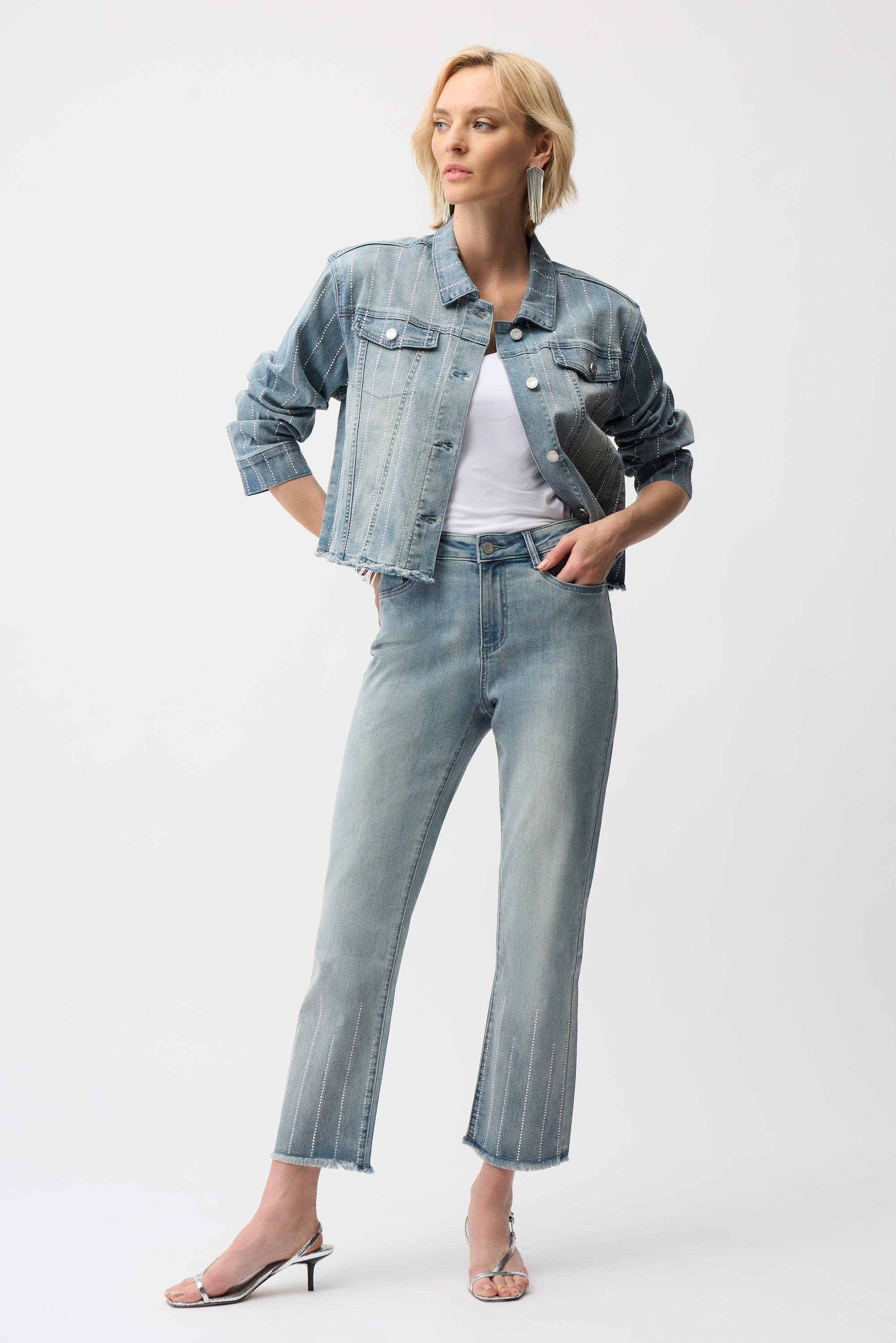 Full Body Image of Joseph Ribkoff Straight Crop Jeans With Rhinestones in Light Blue Denim