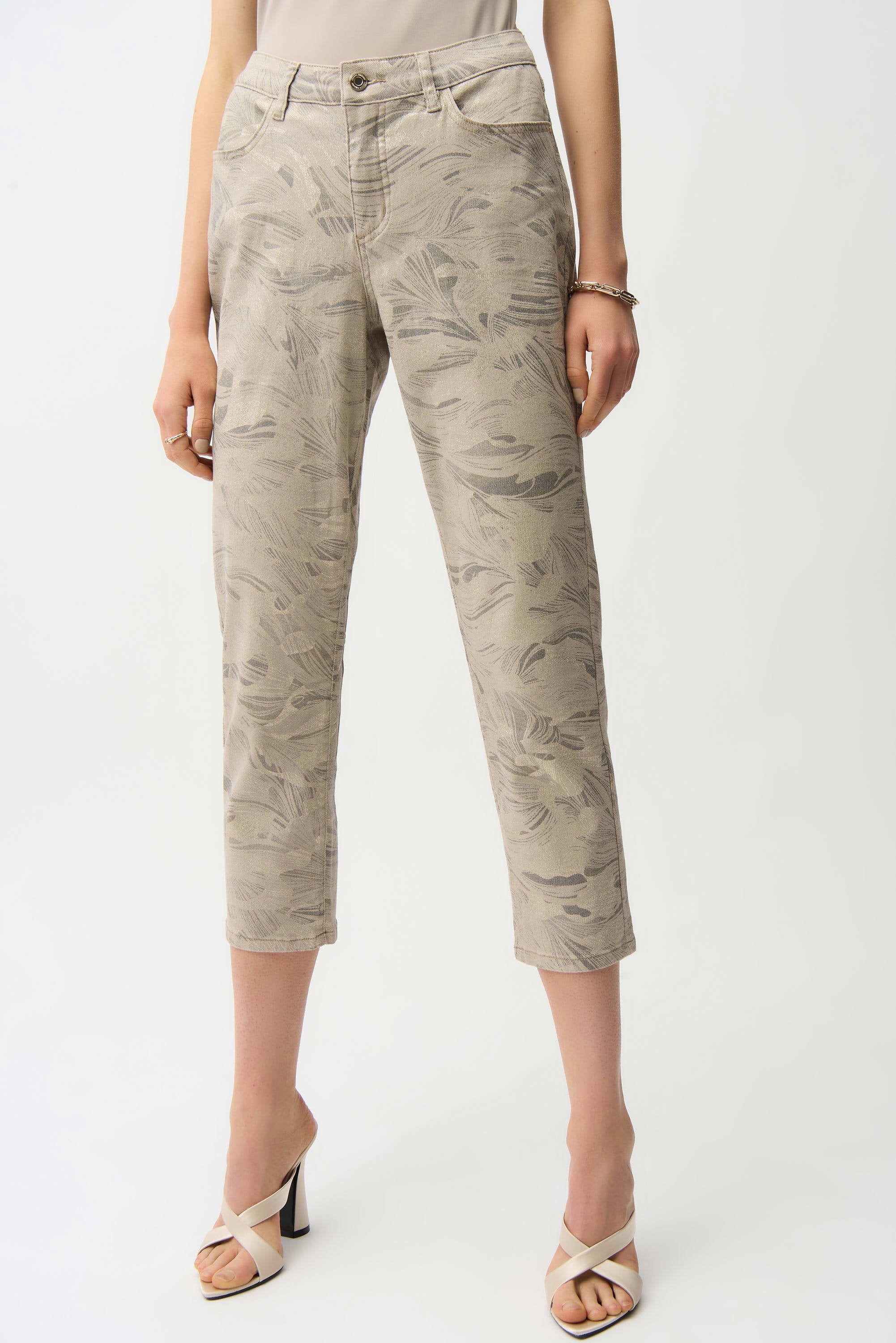 Front View Image of Joseph Ribkoff Metallic Abstract Print Slim Crop Jeans in Taupe/Gold