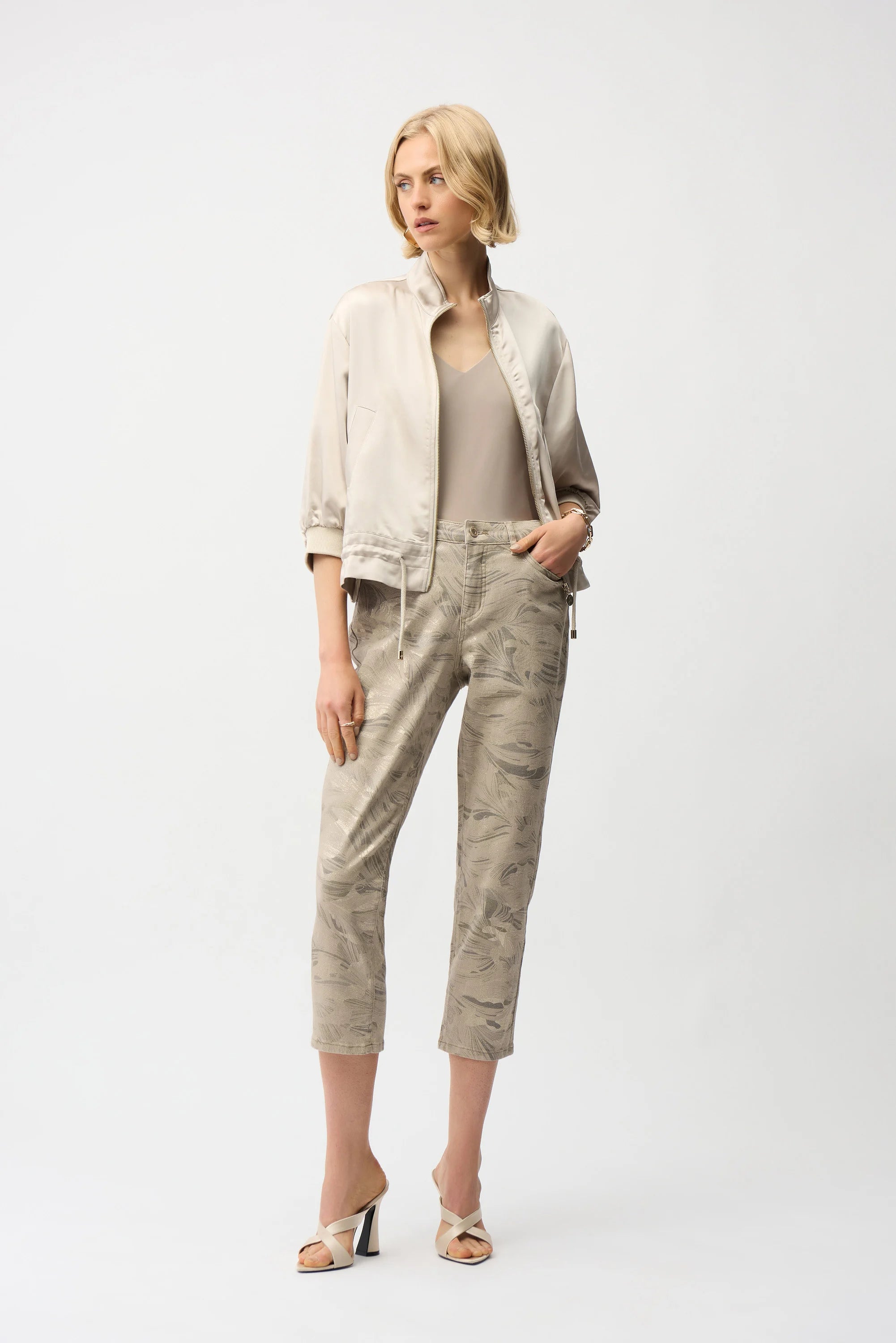 Full Body View Image of Joseph Ribkoff Metallic Abstract Print Slim Crop Jeans in Taupe/Gold