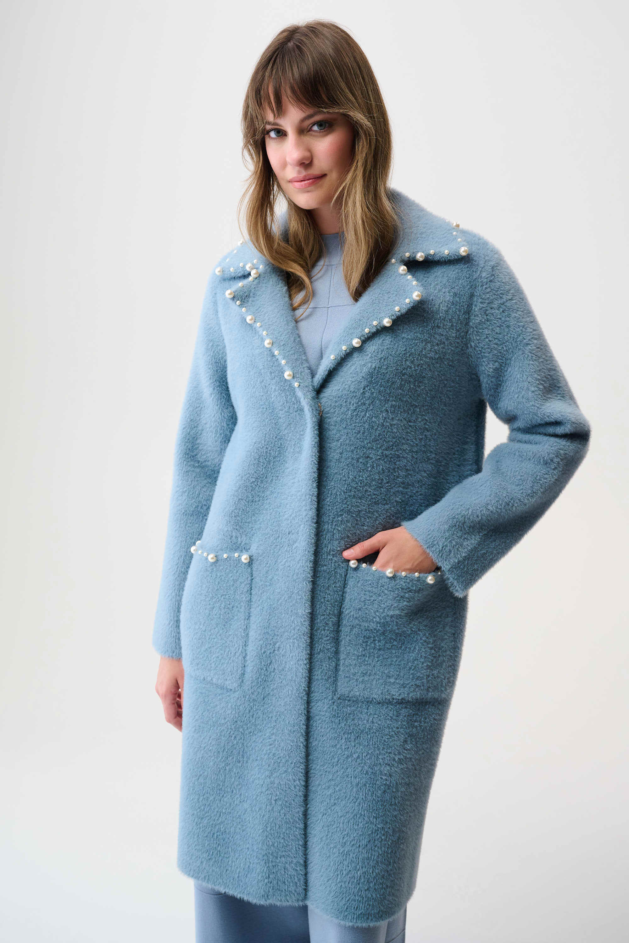 Feather Yarn Sweater Coat with Pearl Trim