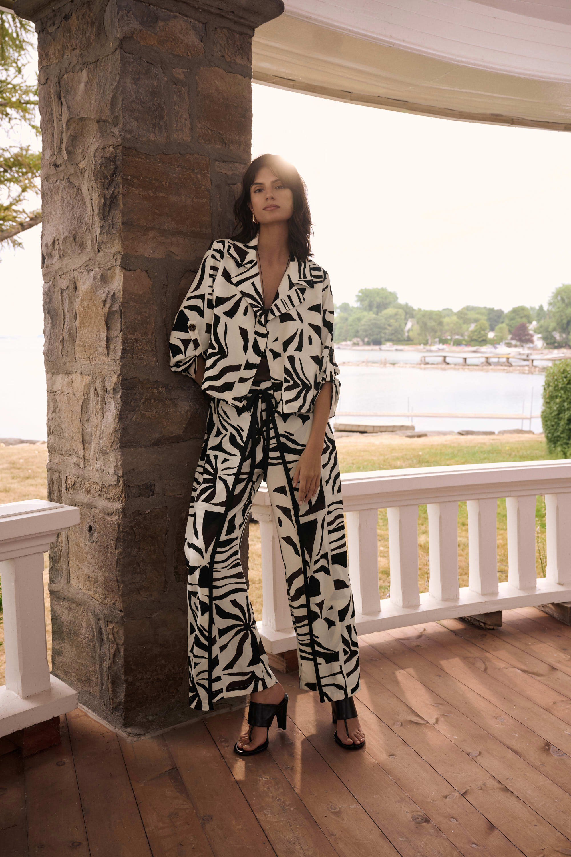 Full Body Fashion View Image of Joseph Ribkoff Woven Gauze Tropical Print Wide Leg Pants in Beige/Multi